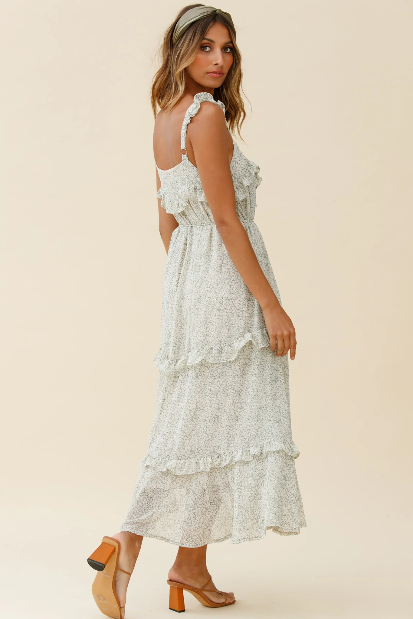 Priscilla Tied Bust Frill Detail Maxi Dress Floral Print Olive - Seraphlike