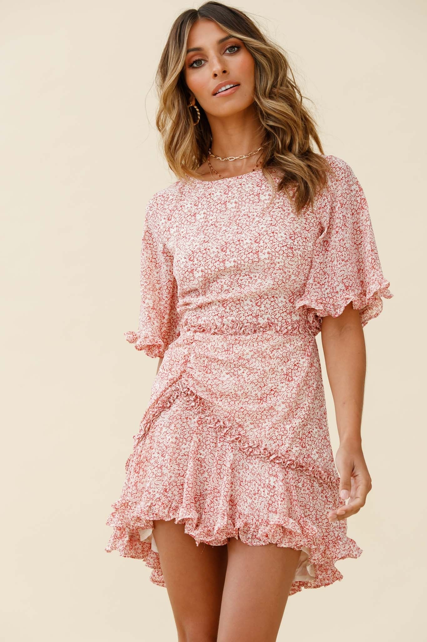 Leona Half Sleeve Frill Trim Dress Floral Print Red - Seraphlike