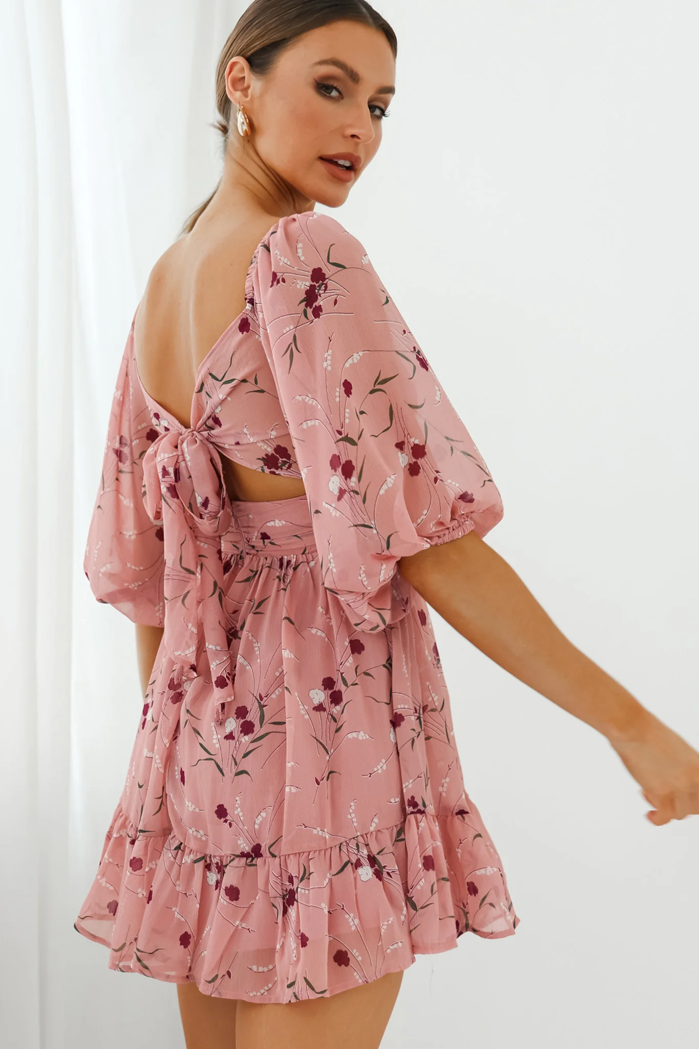 Abby Off-Shoulder Tie-Up Back Dress Floral Print Rose - Seraphlike