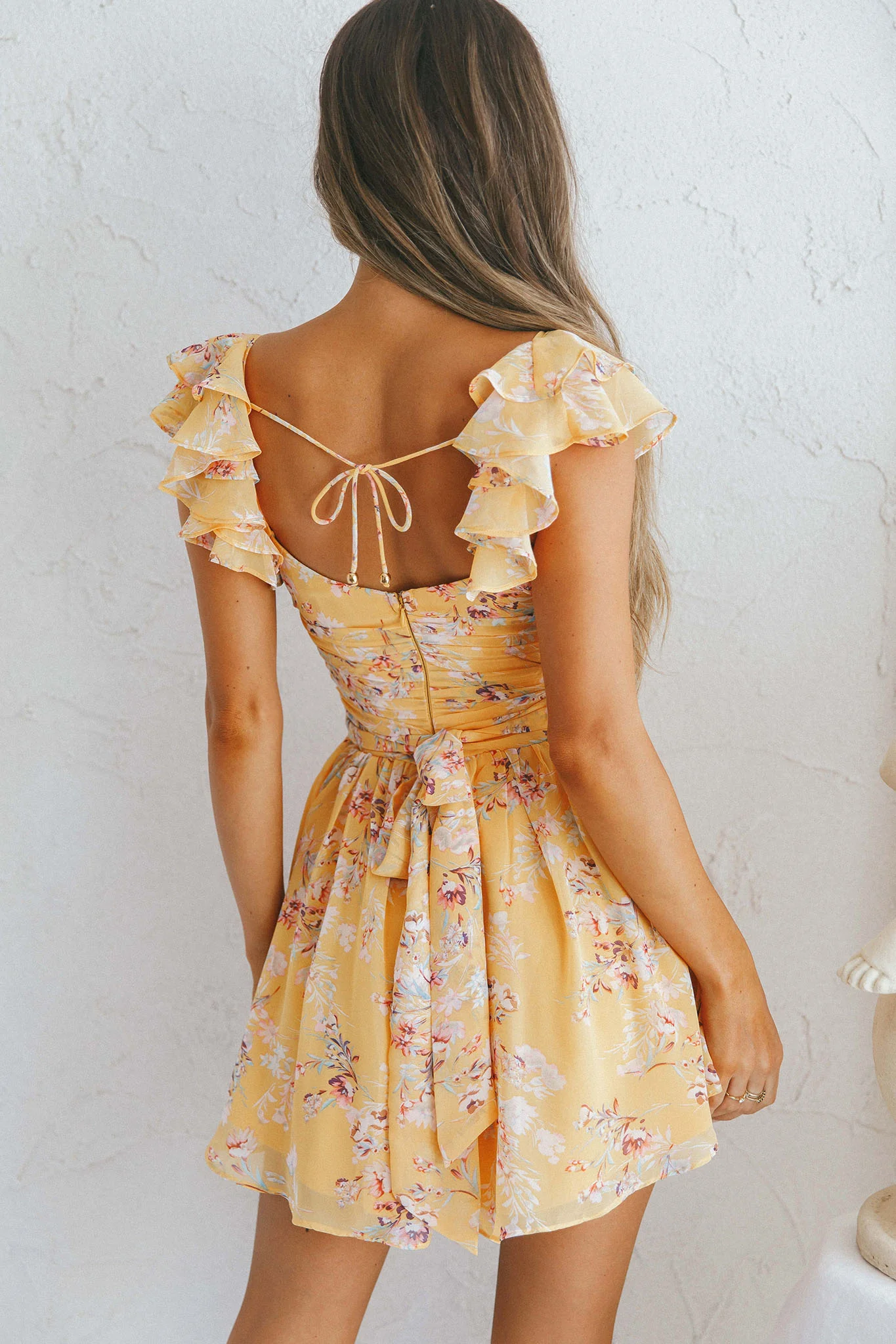 Lola Ruffle Shoulder Ruched Dress Floral Print Yellow - Seraphlike