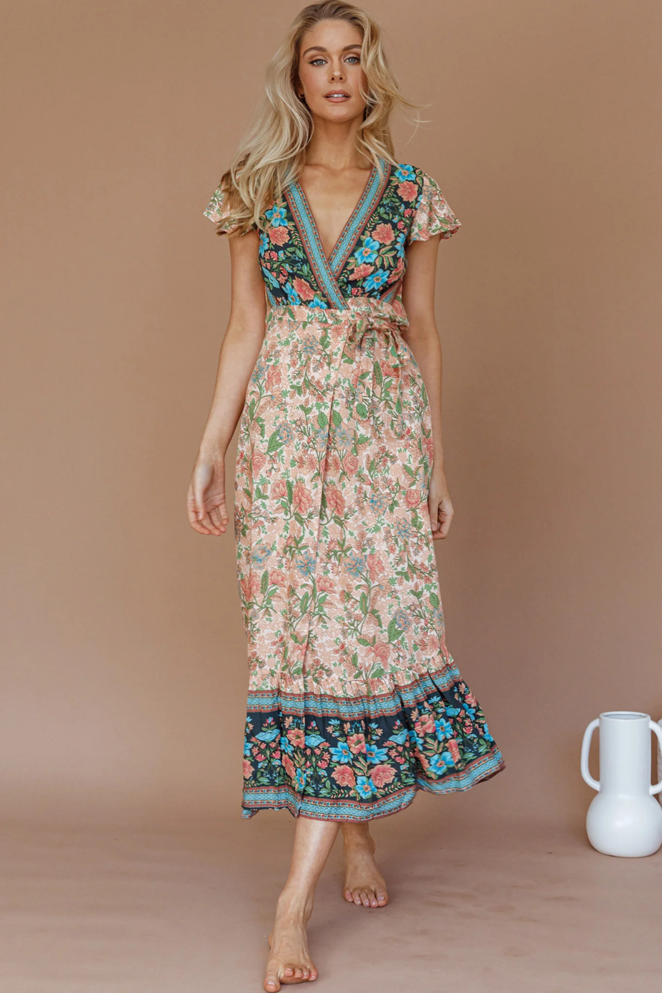 Mayan Angel Sleeve Wrap Midi Dress Floral Nude - Seraphlike