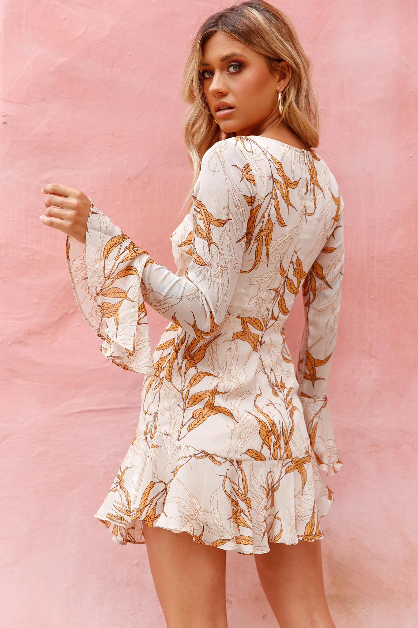 Adalia Long Sleeve Flared Cuff Dress Leaf Print Beige - Seraphlike