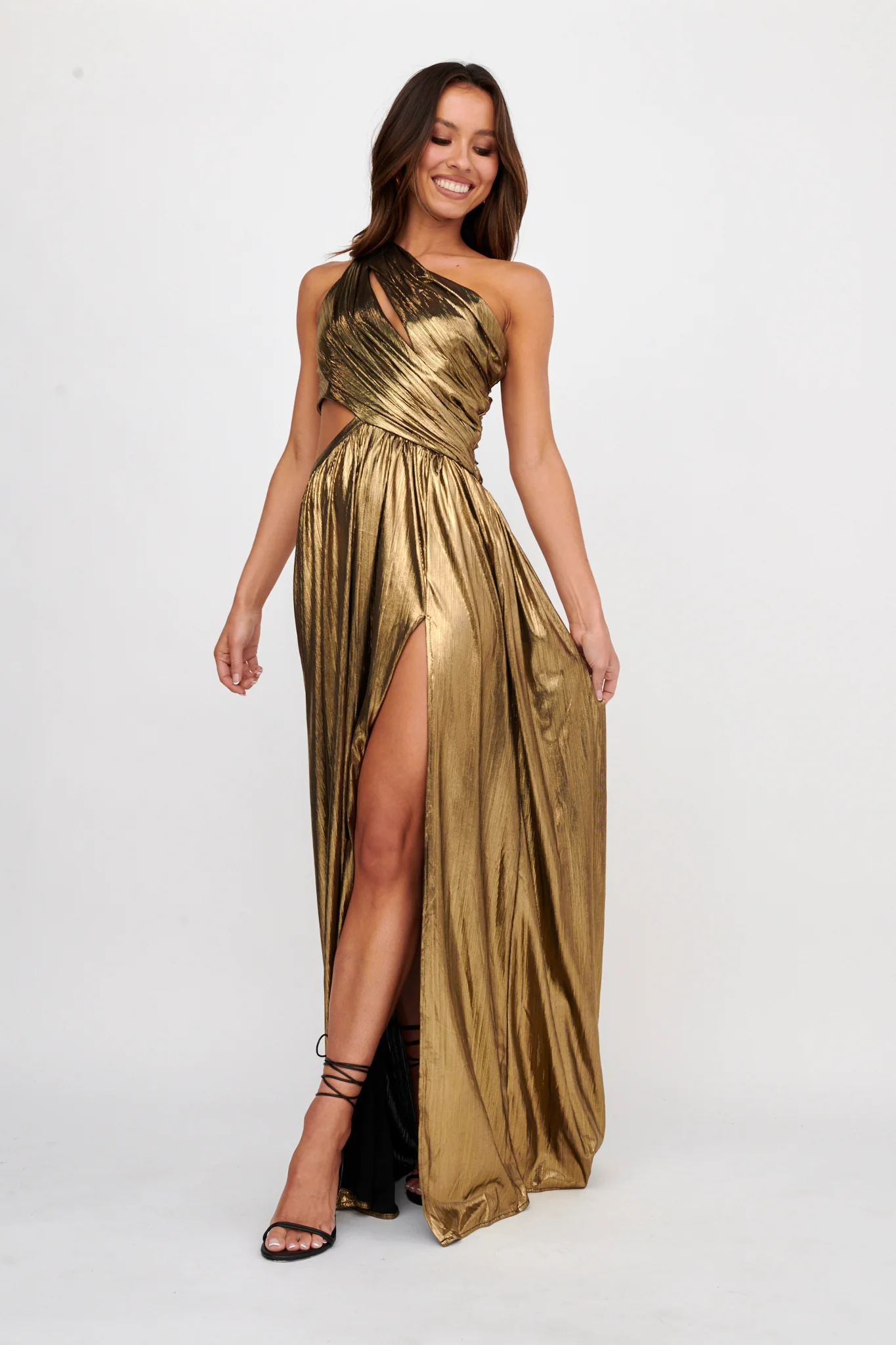Fortuna One Shoulder Split Maxi Dress Black/Gold - Seraphlike