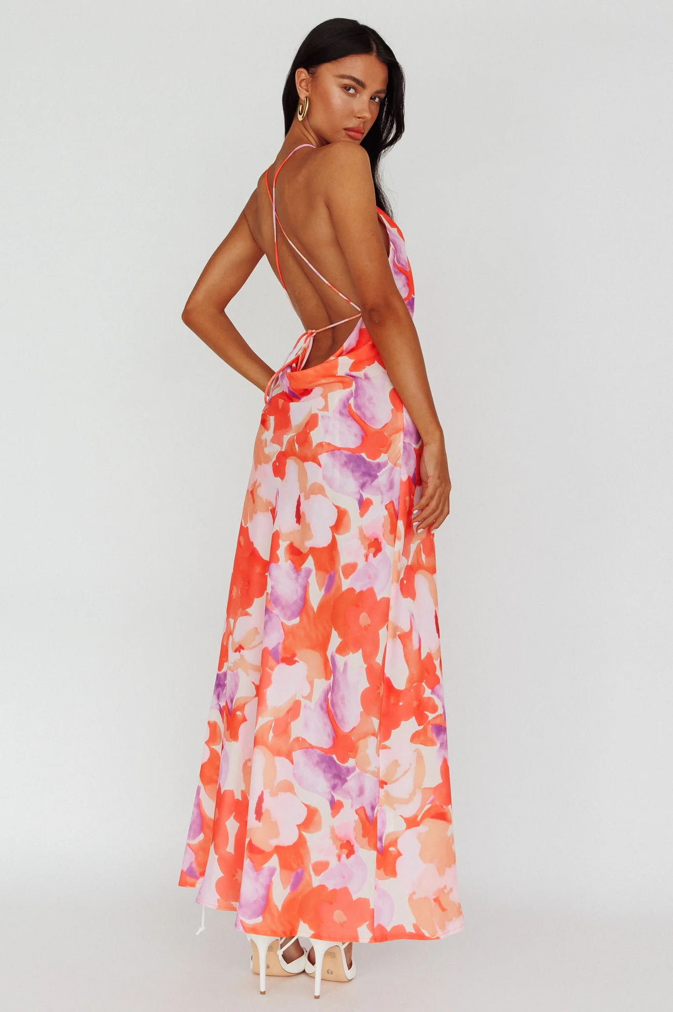 Val Cowl Back Maxi Dress Floral Orange - Seraphlike
