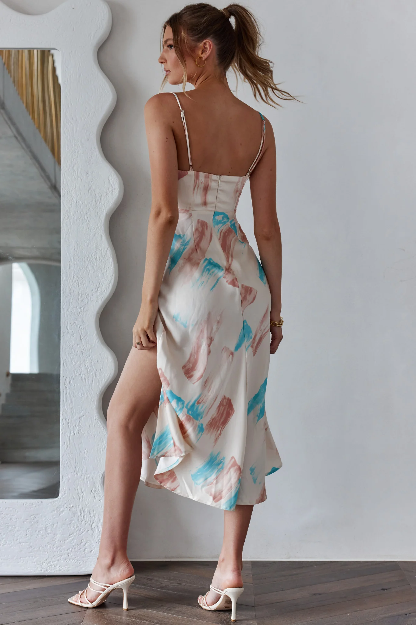 Suki Front Split Midi Dress Watercolor Paint Print Pink - Seraphlike