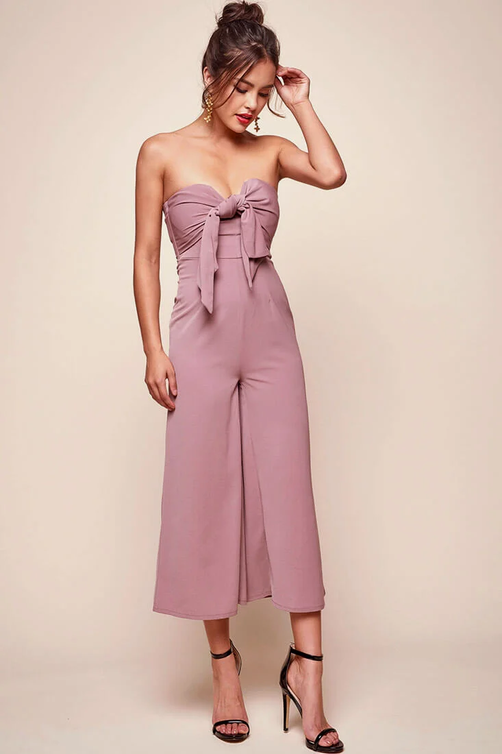 Khloe Bow Tie Wide Leg Jumpsuit Dusty Pink - Seraphlike