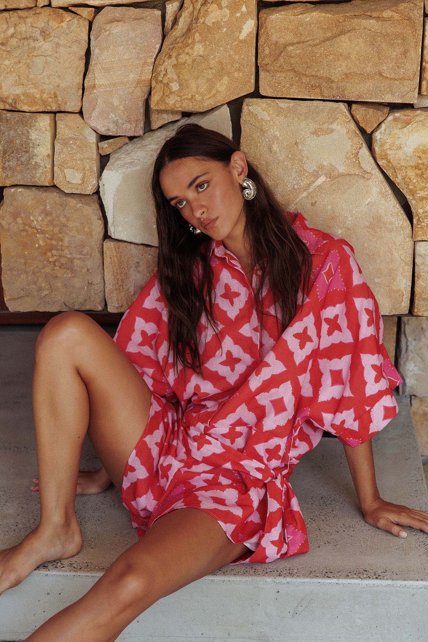 Daytona Beach Button-Up Romper Print Pink - Seraphlike