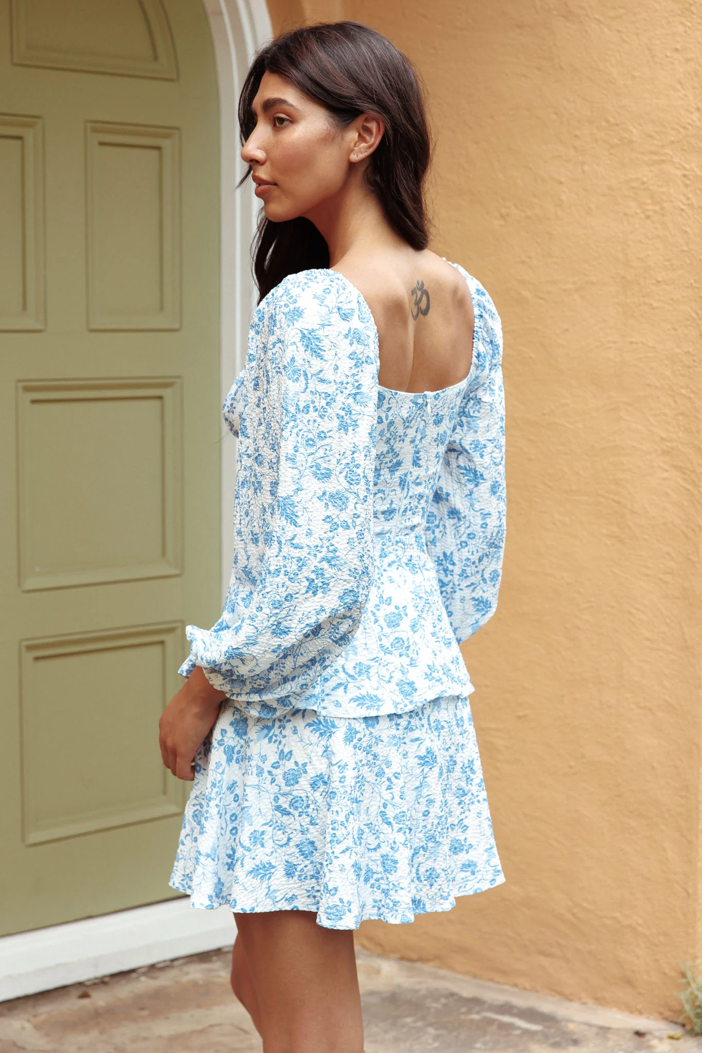 Provence Bloom Long Sleeve Mini Dress Floral Blue - Seraphlike