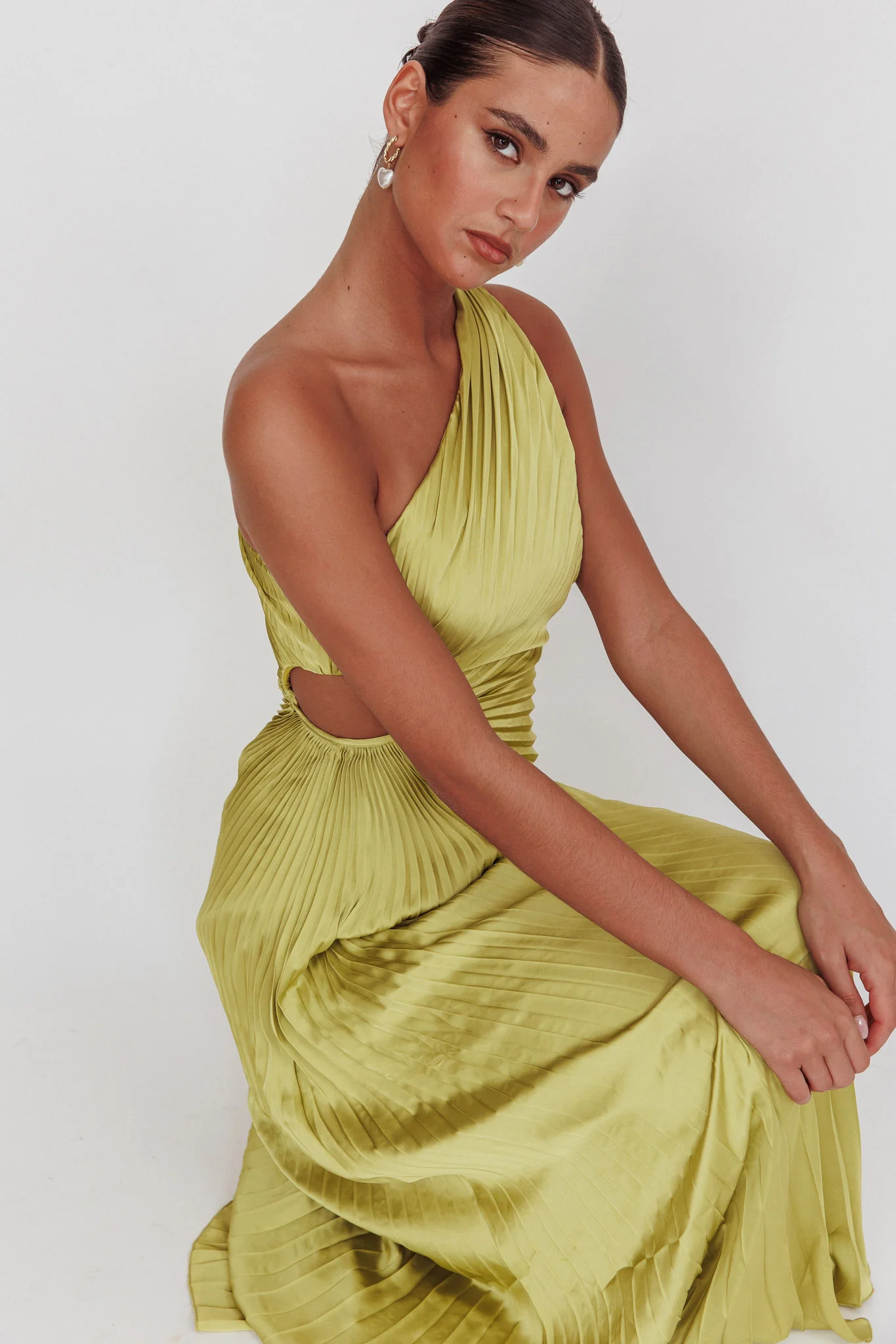 Amelie One-Shoulder Accordion Pleat Maxi Dress Lime - Seraphlike