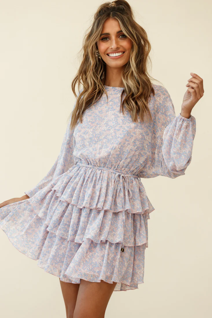 Odessa Long Sleeve Layered Ruffle Dress Flower Pattern Pink - Seraphlike