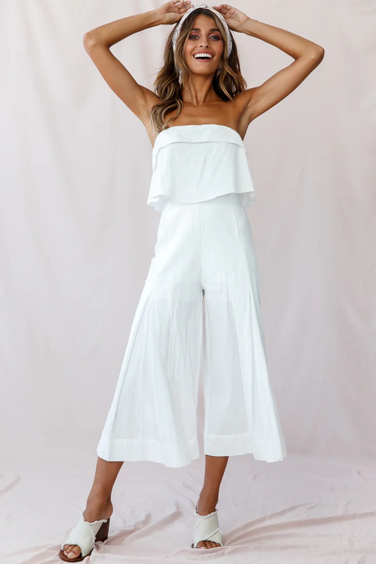 Saturday Layered Bandeau Wide Leg Capri Jumpsuit White - Seraphlike