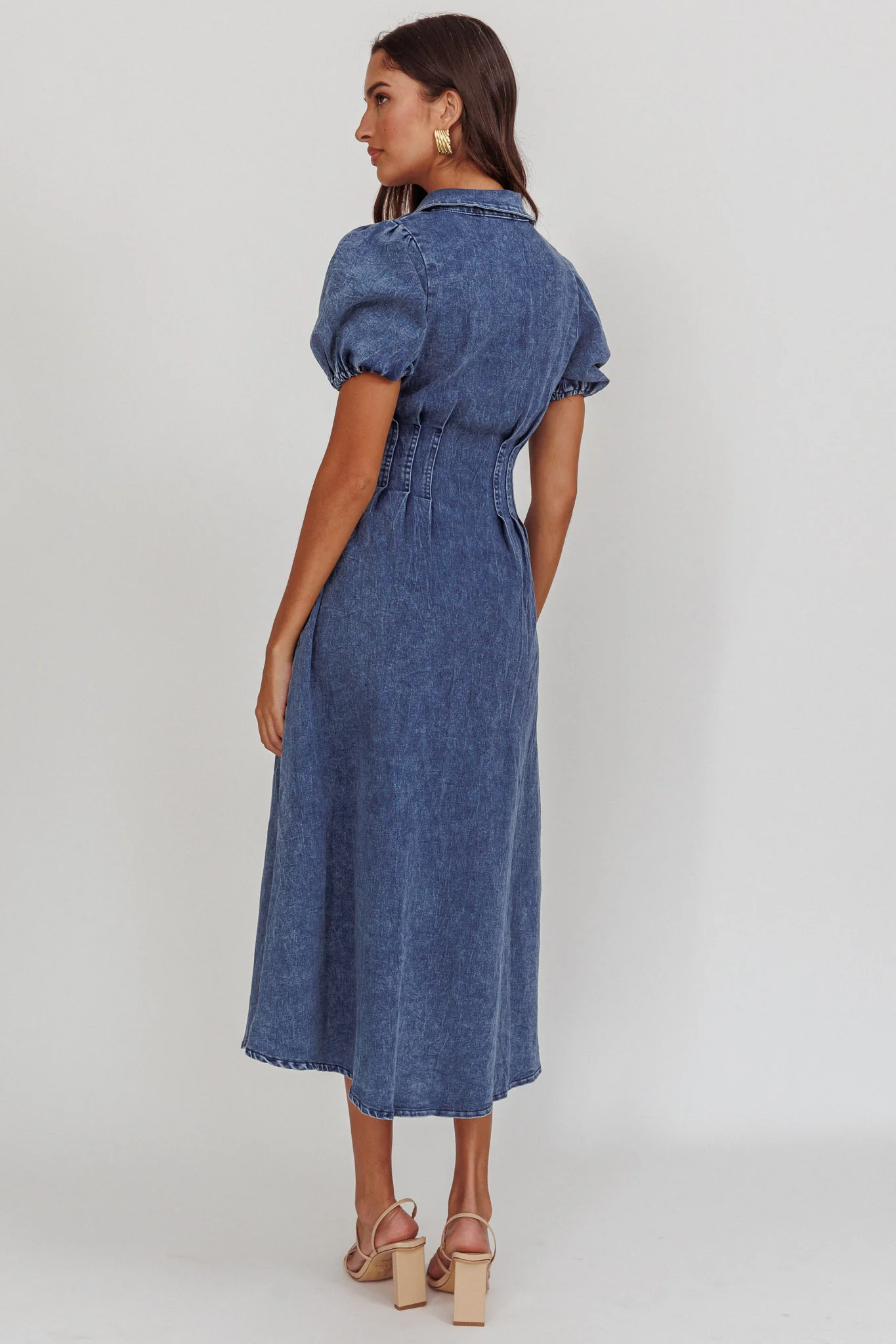 Zurich Pleated Waist Midi Dress Denim Dark Blue - Seraphlike