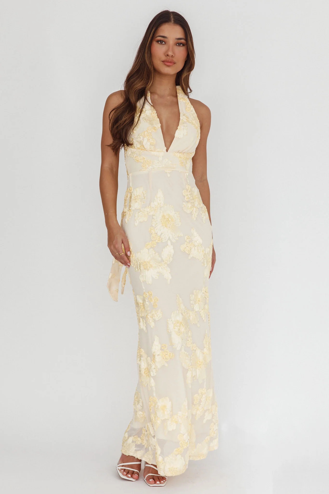 Cipriana Backless Halter Maxi Dress Embellished Yellow - Seraphlike