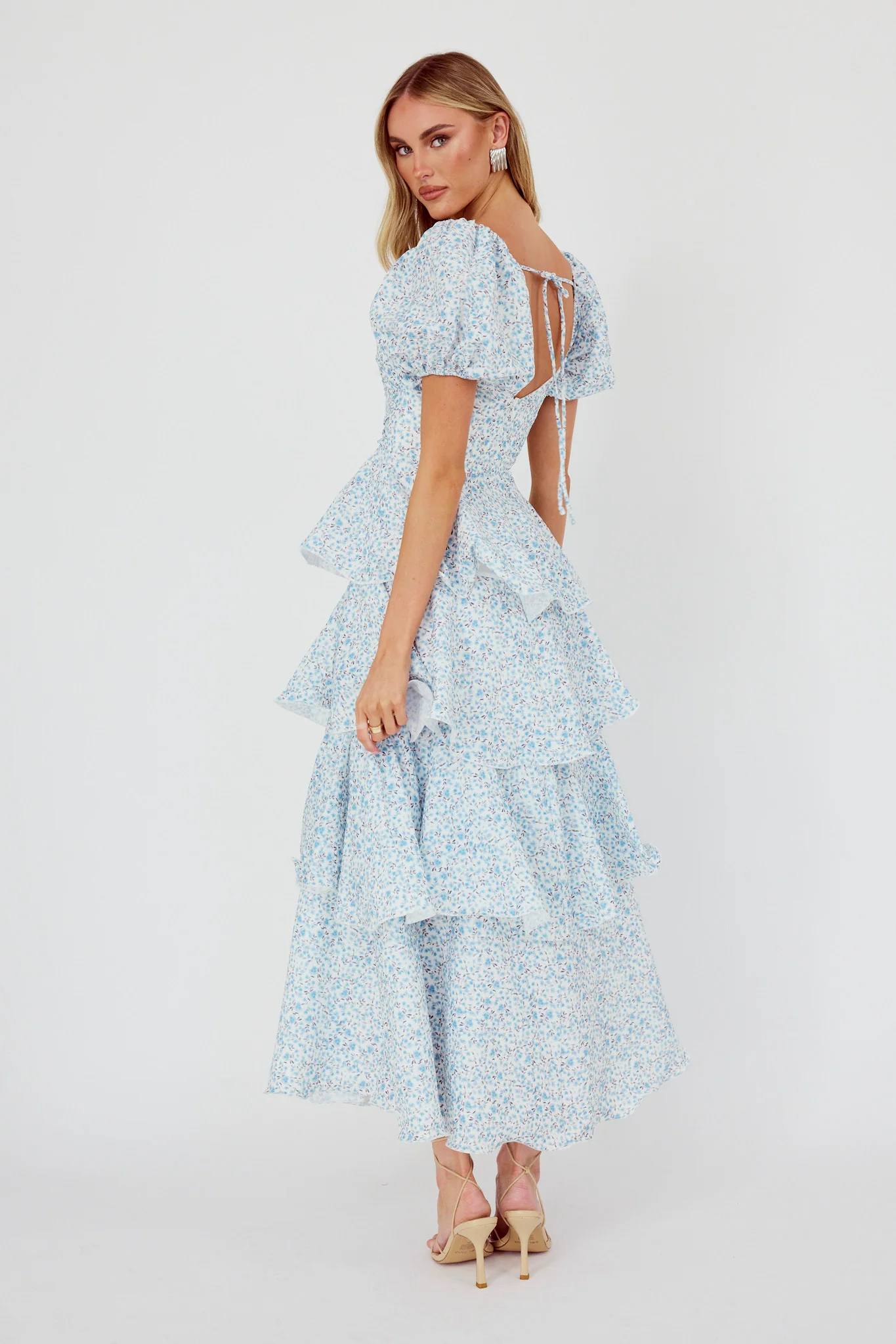 Giavana Puff Sleeve Layered Maxi Dress Floral Blue - Seraphlike