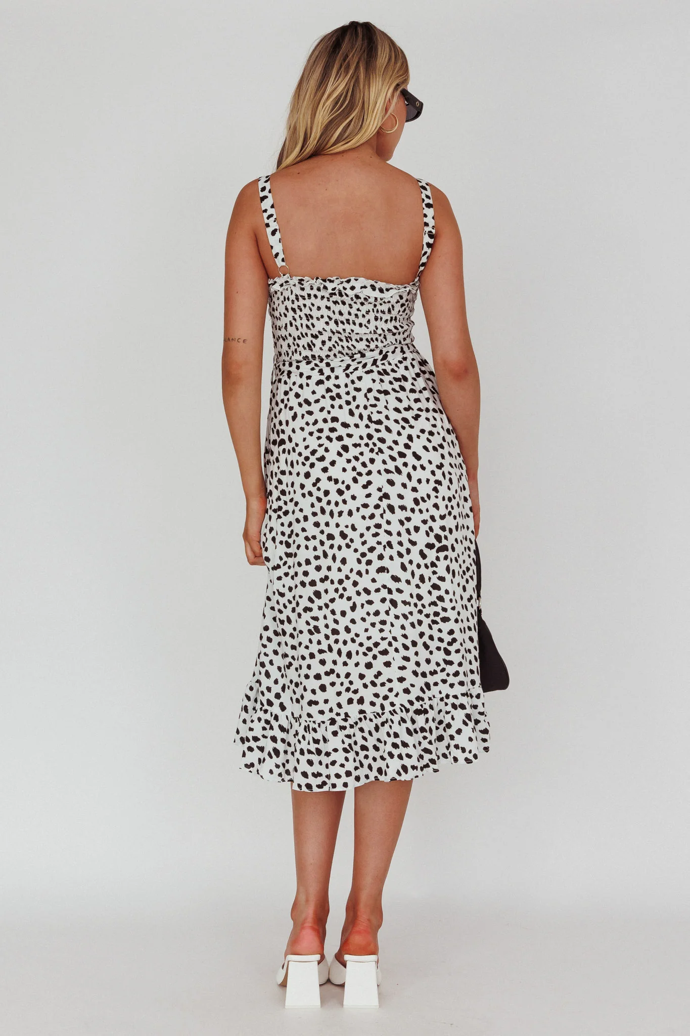 Honey Shirred Frill Midi Dress White/Black - Seraphlike