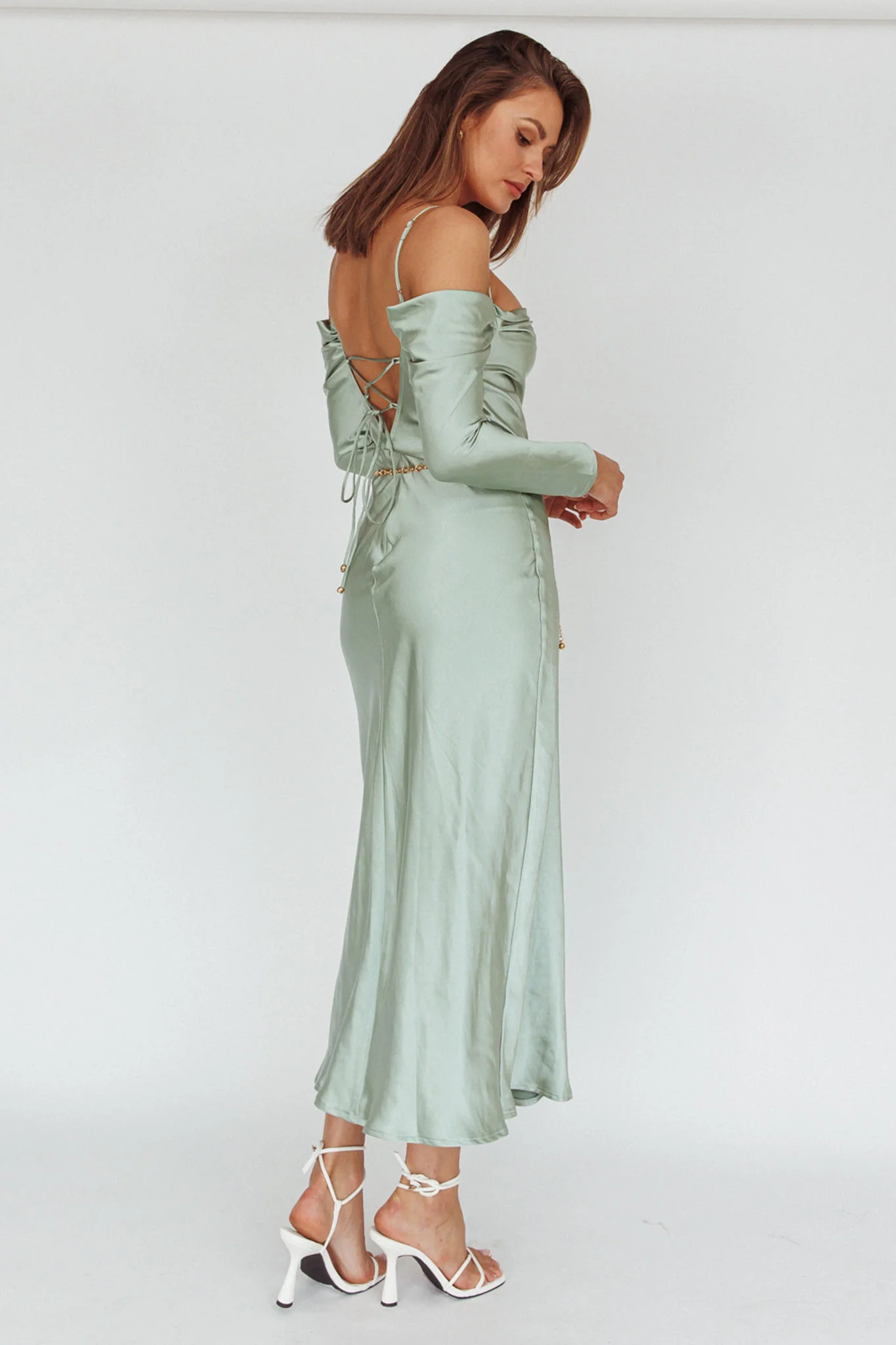 Ellory Long Sleeve Off-Shoulder Dress Sage - Seraphlike