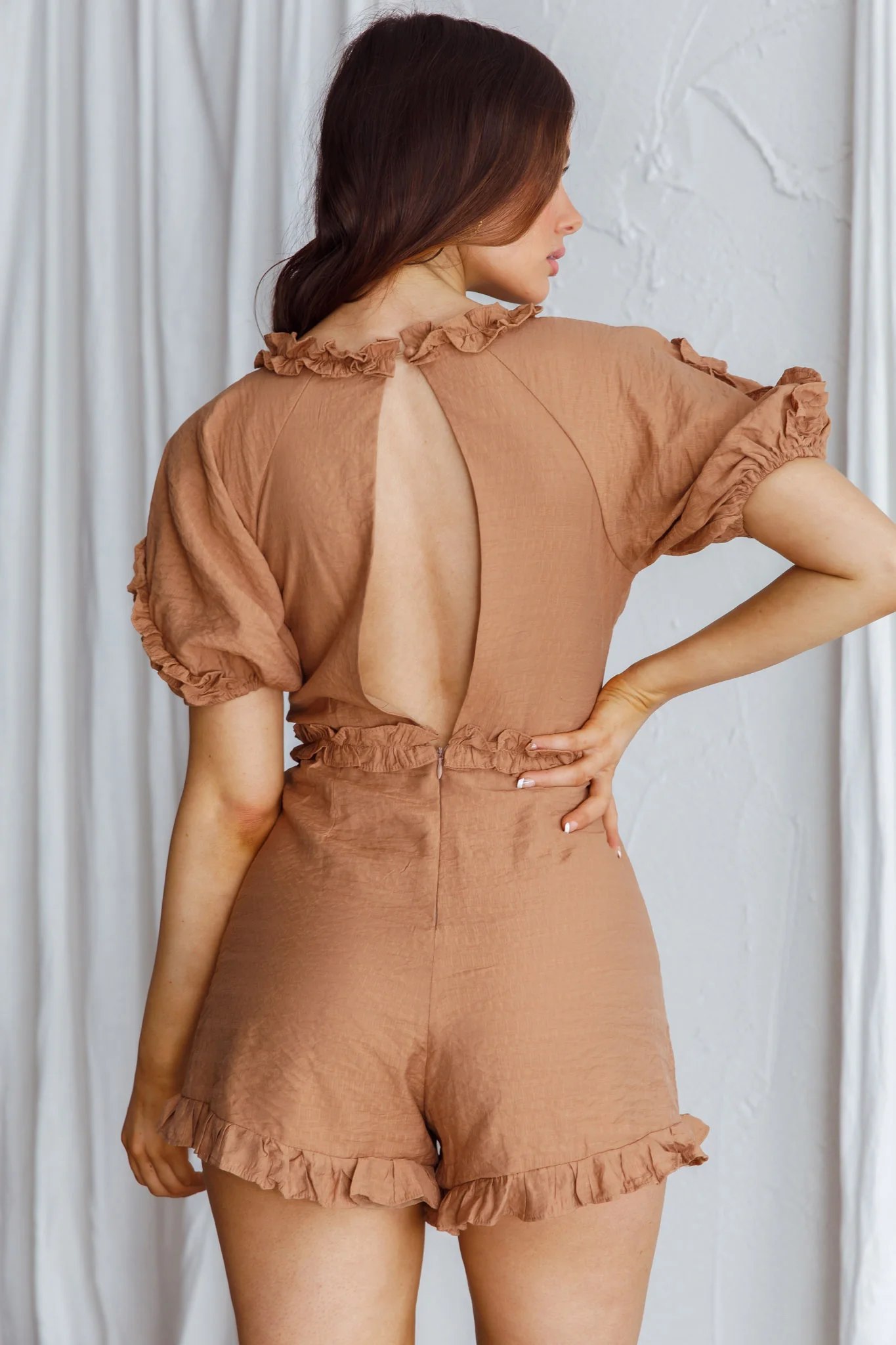 Galatia Frill Trim Puff Sleeve Romper Tan - Seraphlike