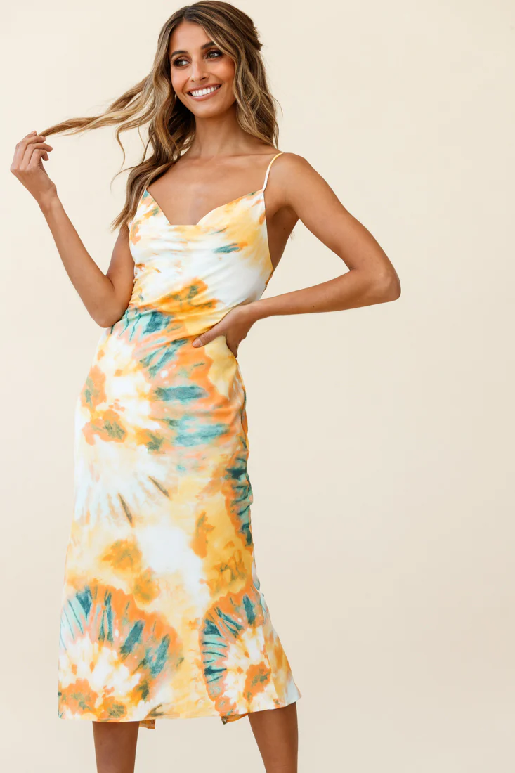 Show Me Love Cowl Neck Midi Dress Tie-Dye Orange Multi - Seraphlike