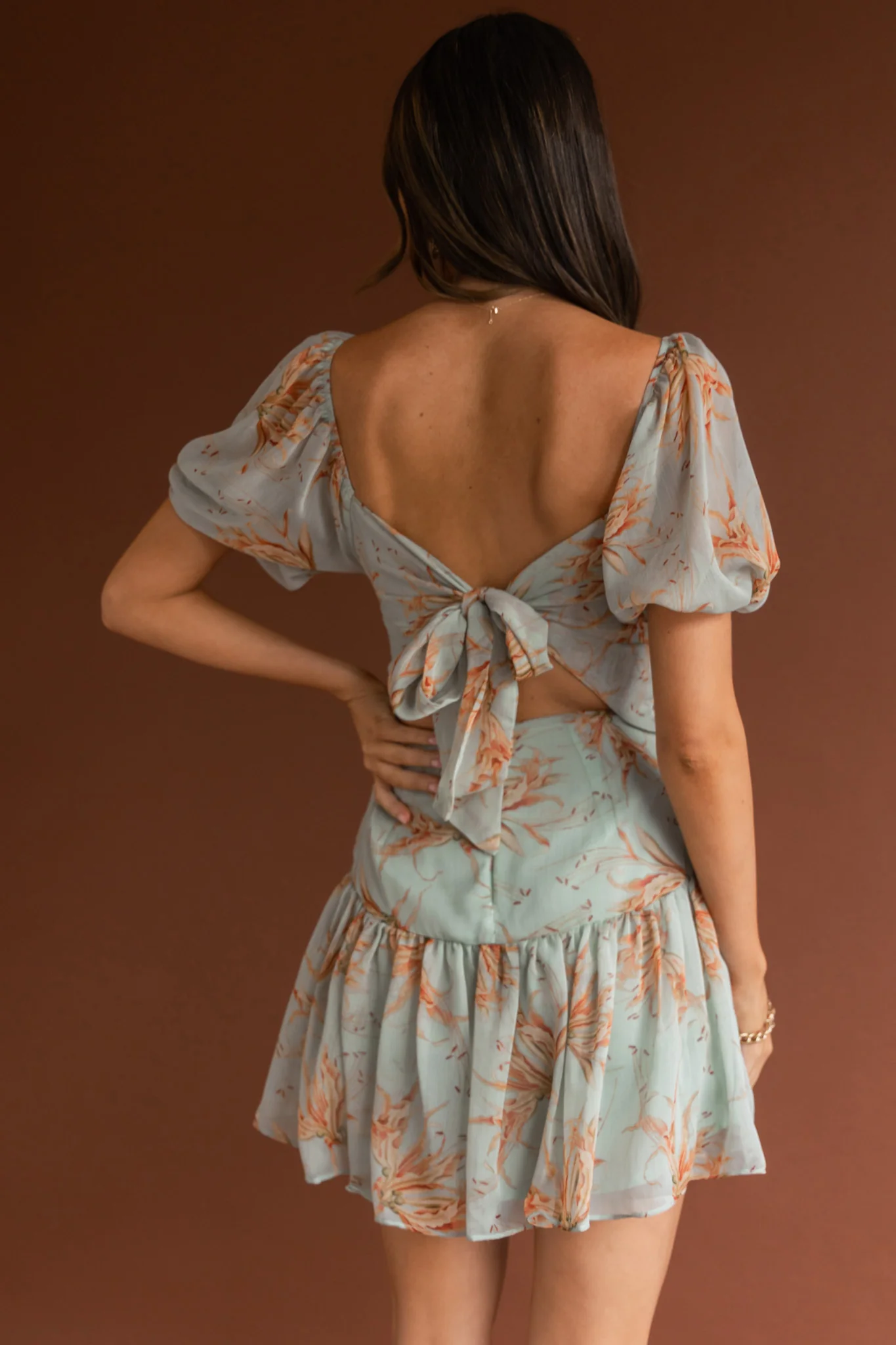 Devoted Structured Bust Puff Sleeve Dress Lily Print Pistachio - Seraphlike