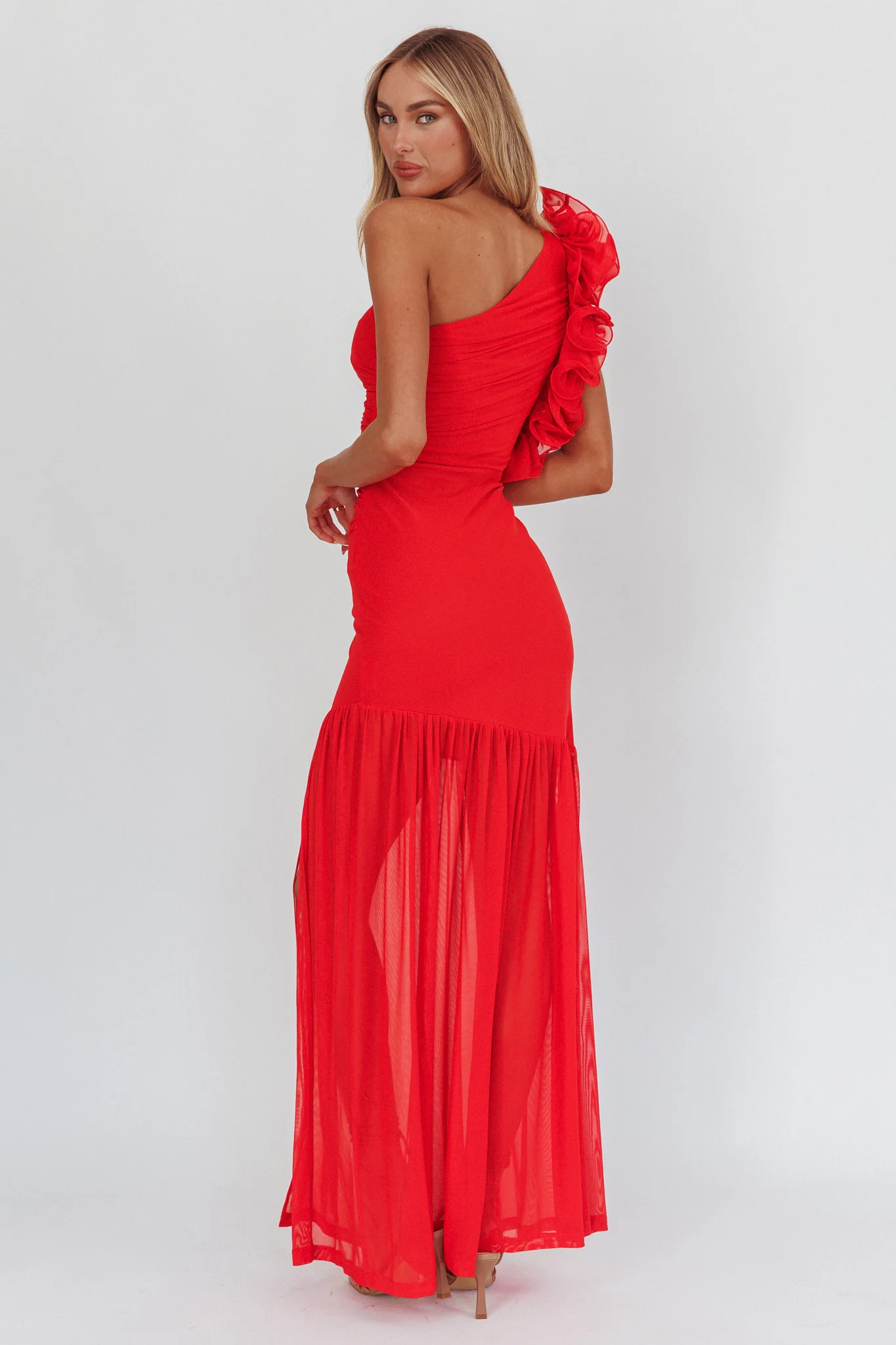 Deanna One-Shoulder Sheer Hem Maxi Dress Red - Seraphlike