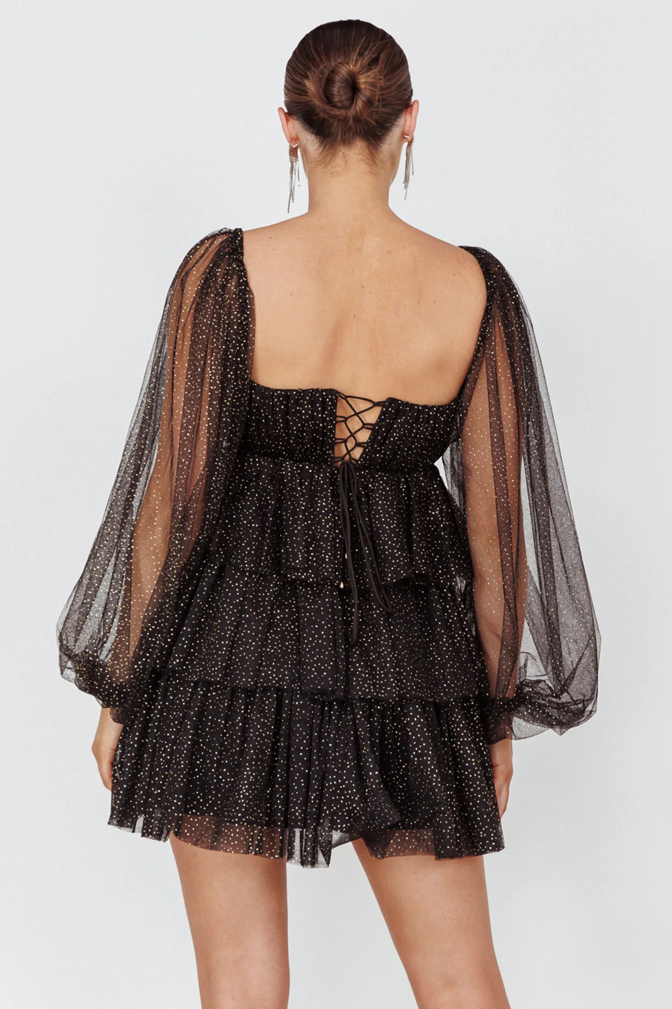 Spring Morning Long Sleeve Tiered Mini Dress Black/Gold - Seraphlike