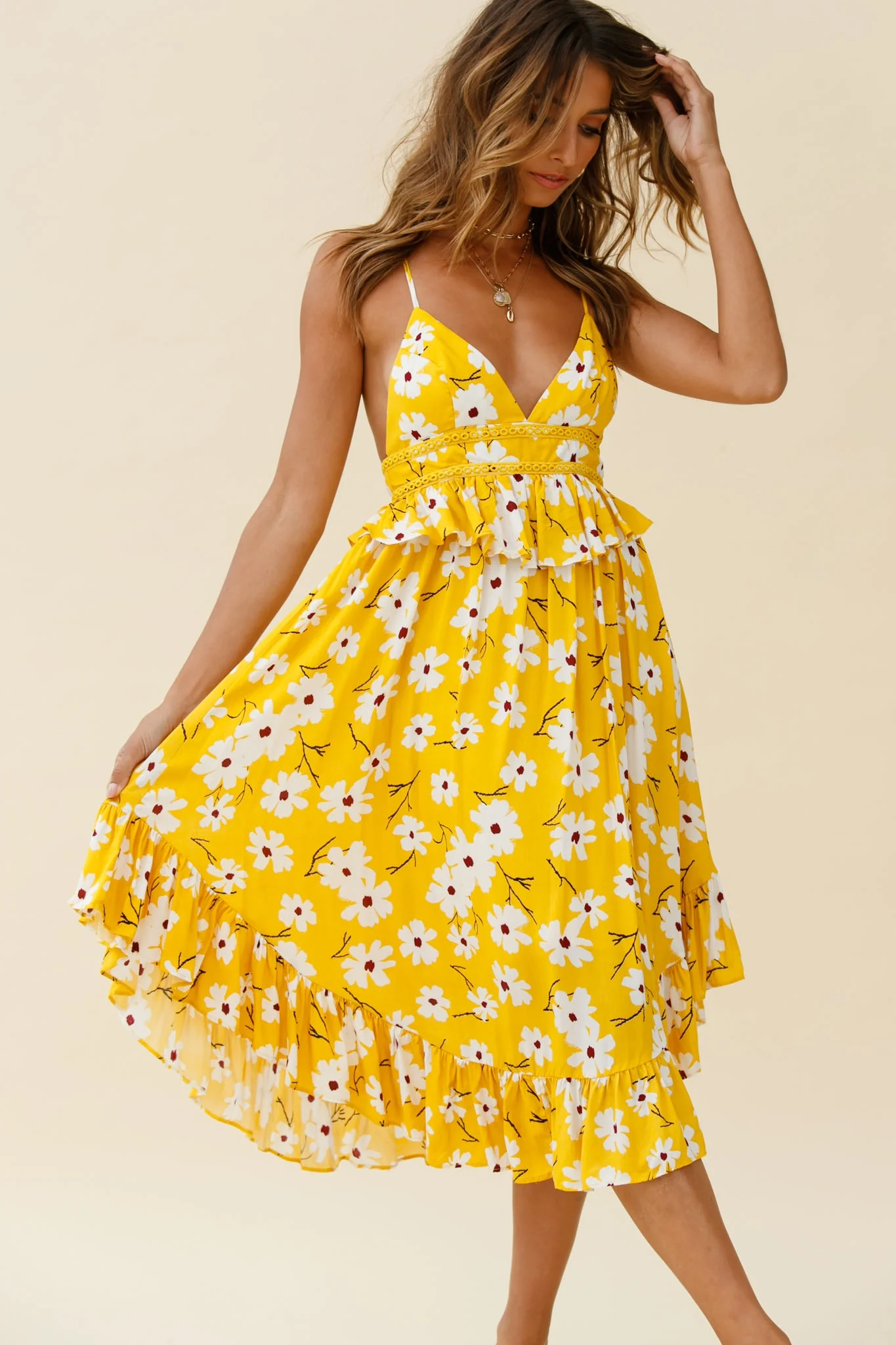 Marigold Peplum Midi Ruffle Dress Floral Print Yellow - Seraphlike
