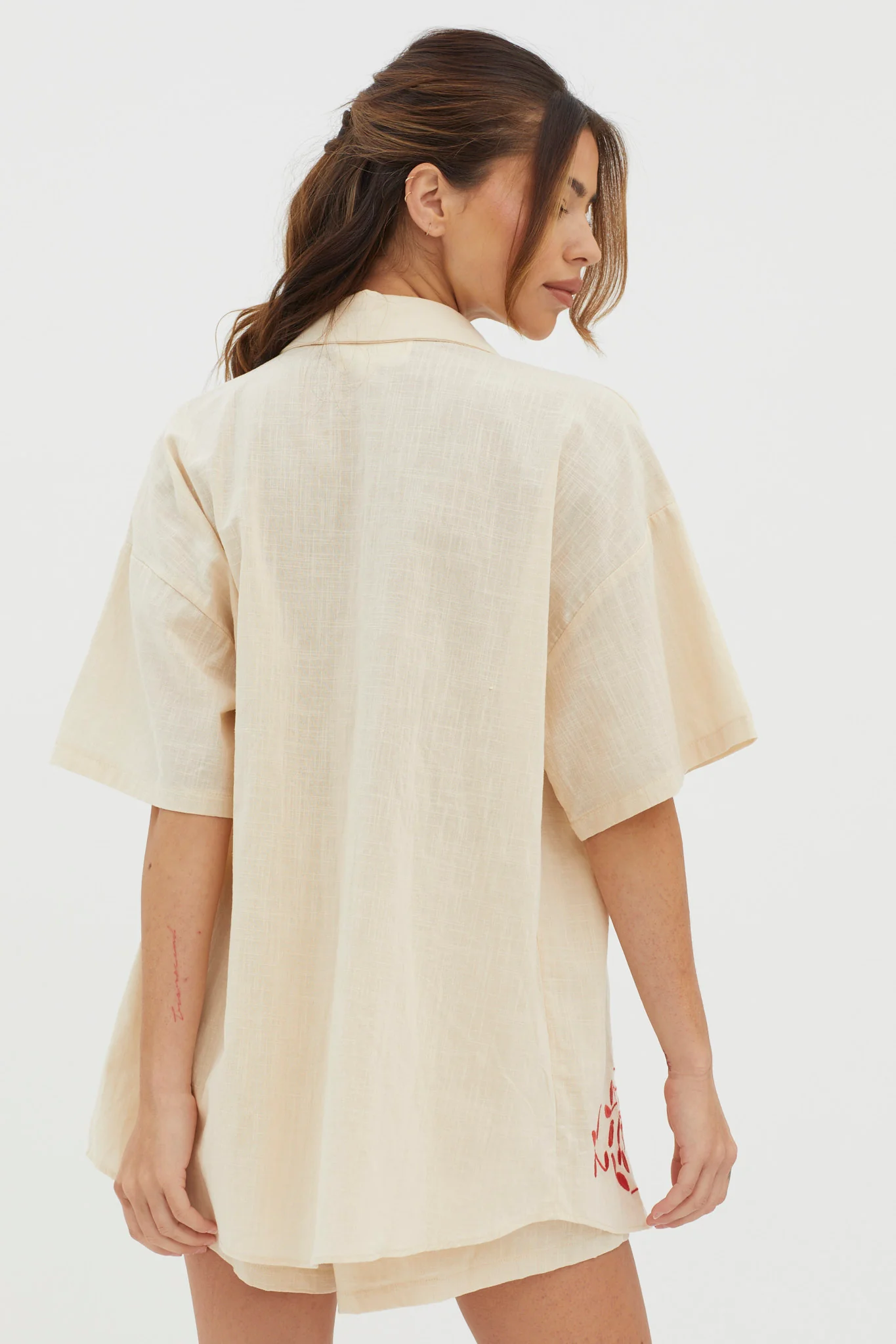 Ciao Ciao Embroidered Button-Up Shirt Oat - Seraphlike