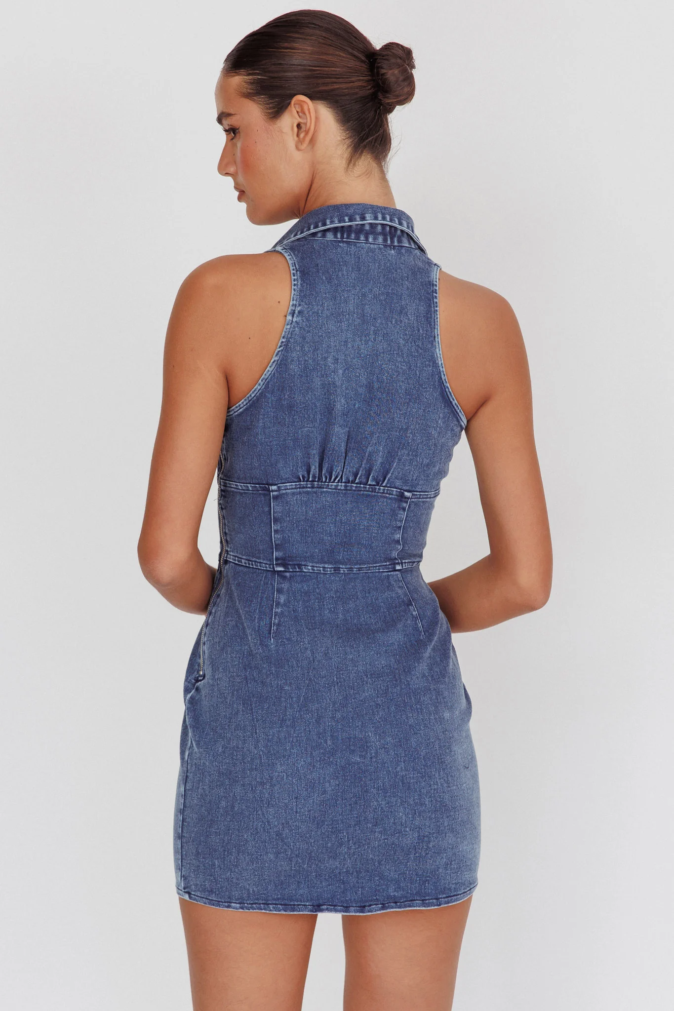 South Beach Faux Button Collared Dress Dark Denim - Seraphlike