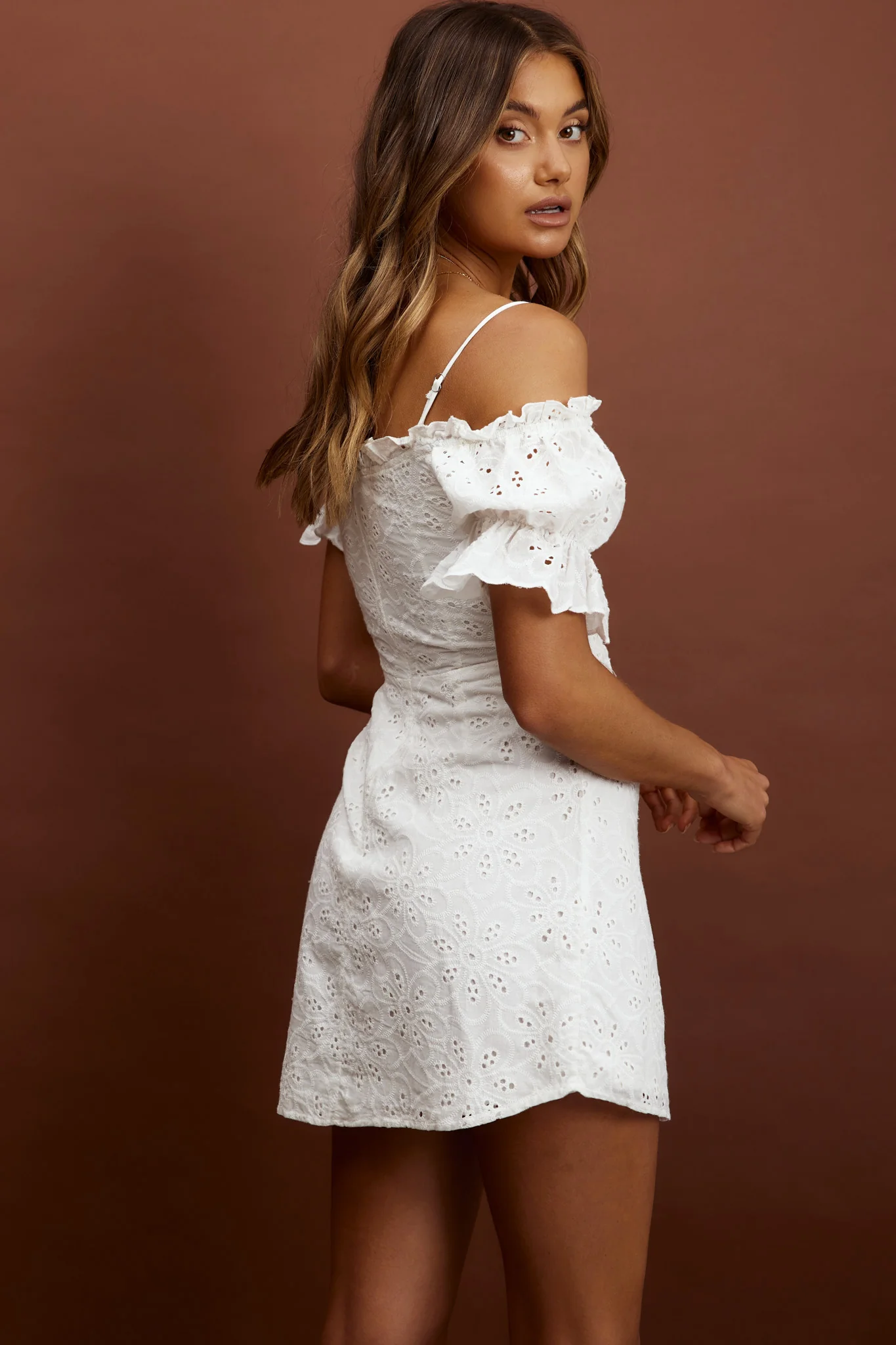 Toluca Puff Sleeve Frill Trim Eyelet Dress White - Seraphlike