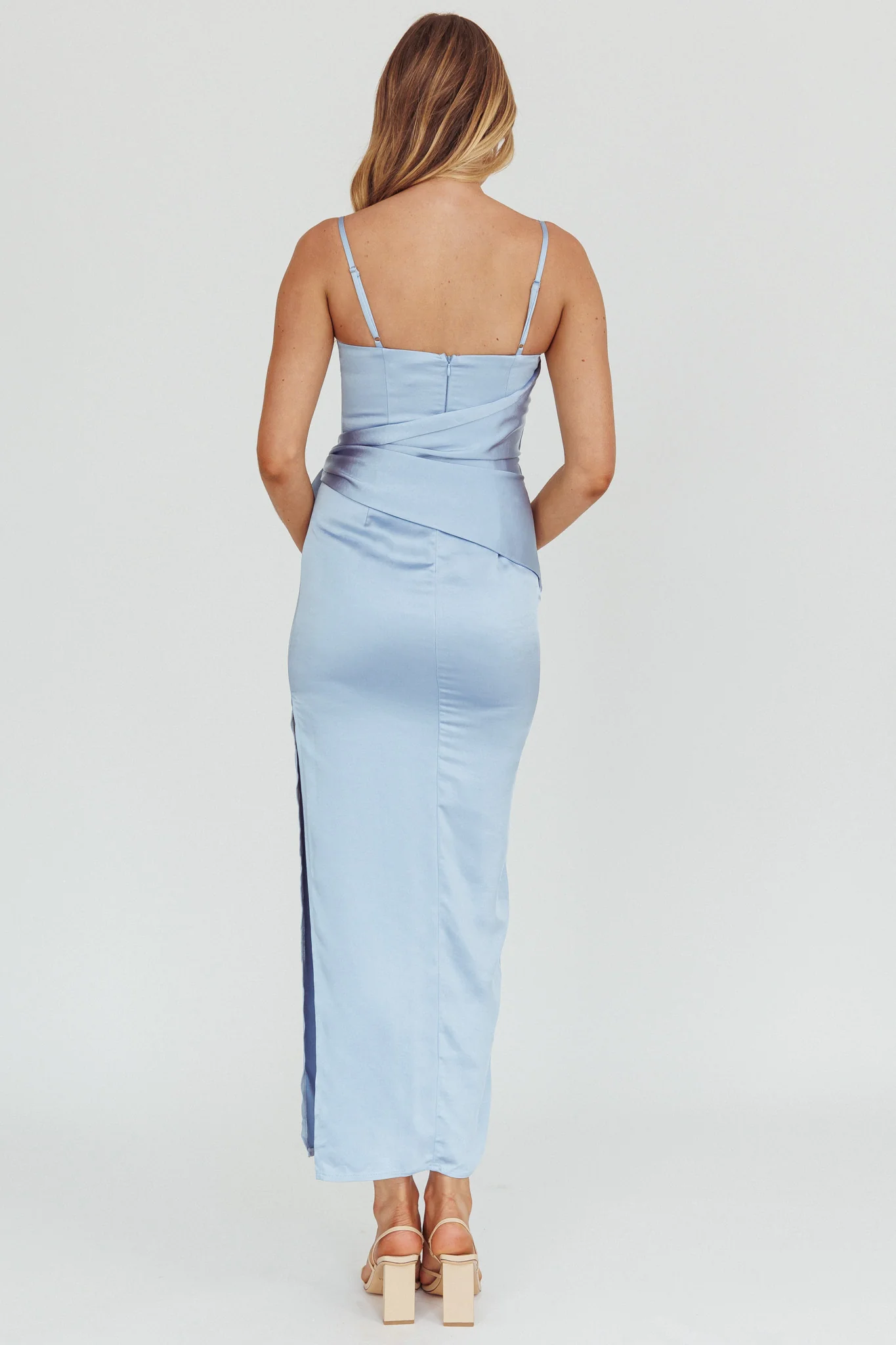 Celestine Waist Tie Satin Maxi Dress Light Blue - Seraphlike