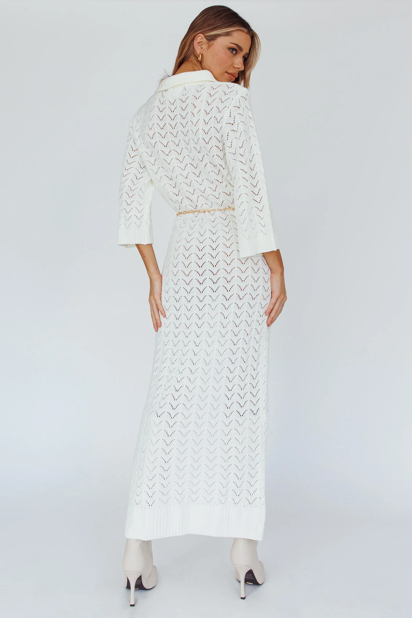 Alouette 3/4 Sleeve Crochet Midi Dress Cream - Seraphlike