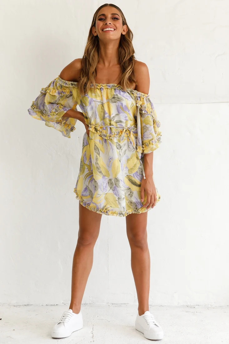 Adriel Off-Shoulder Frill Detail Dress Leaf Print White/Yellow - Seraphlike
