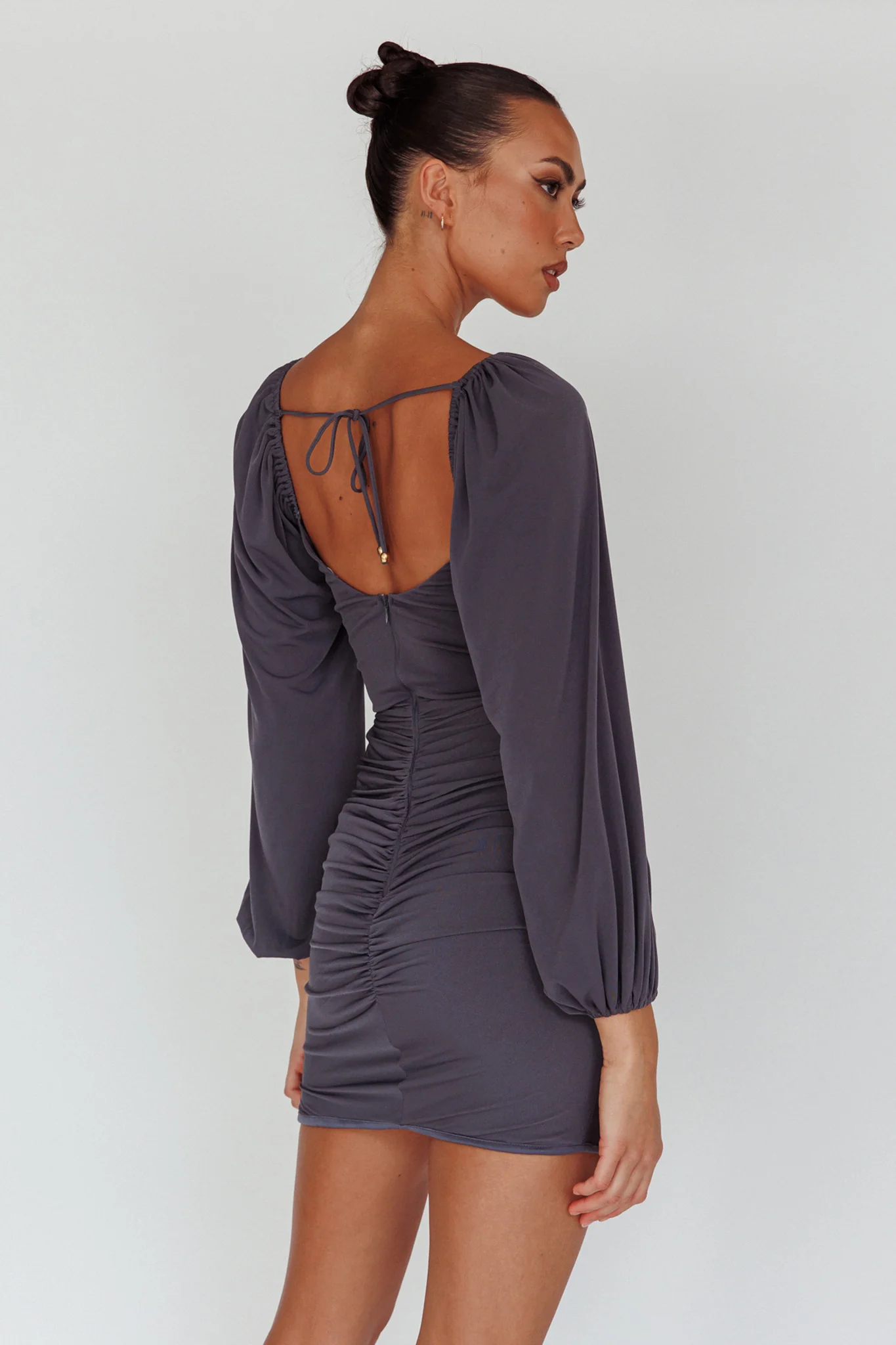 In Luck Cut-Out Waist Ruched Mini Dress Charcoal - Seraphlike