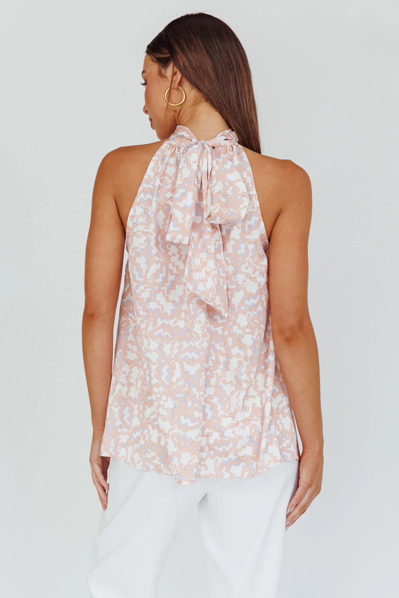 Calisto Sleeveless Tied Neck Top Geometric Apricot - Seraphlike