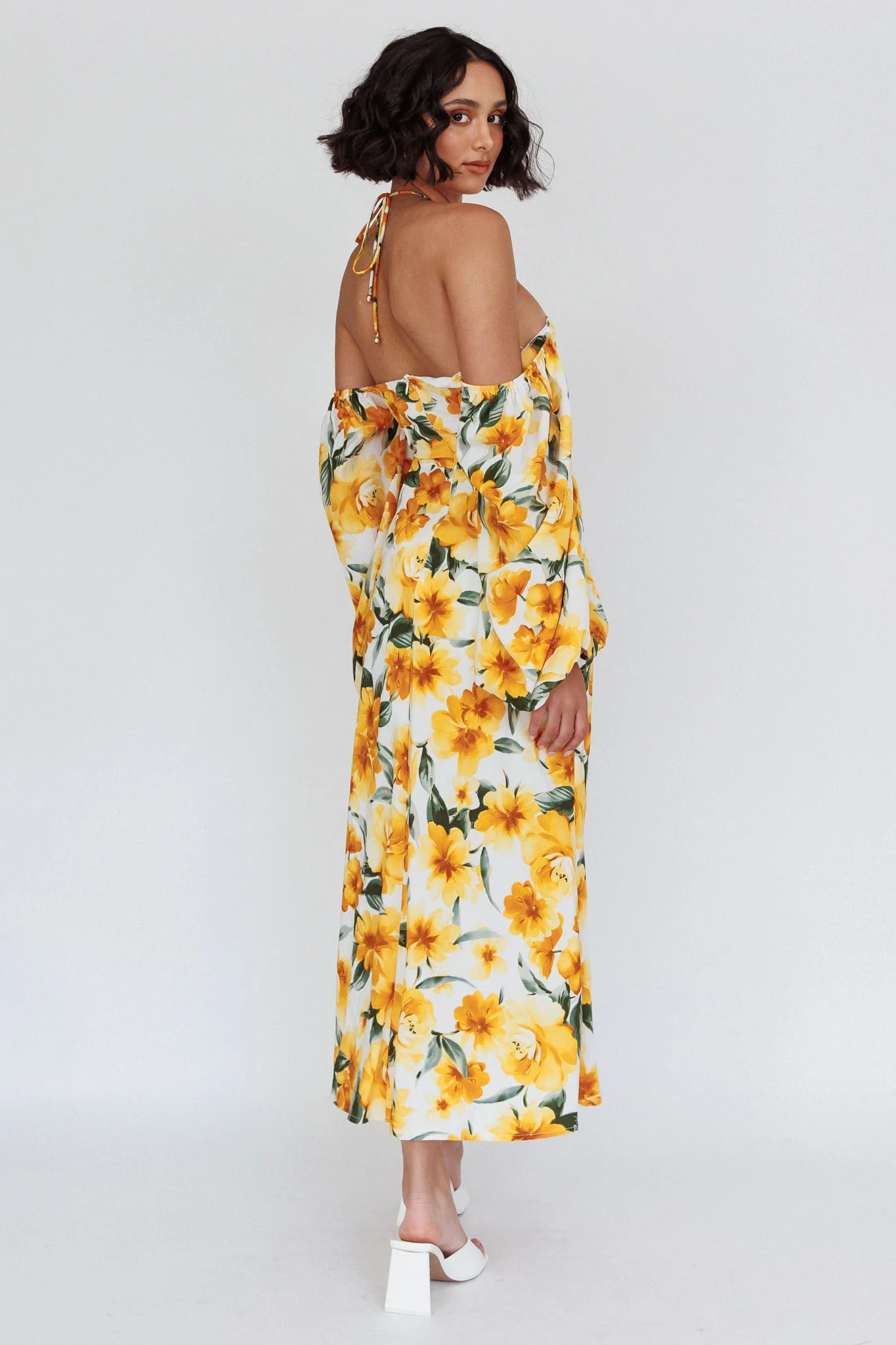 Nyree Long Sleeve Midi Dress Flowers Yellow - Seraphlike