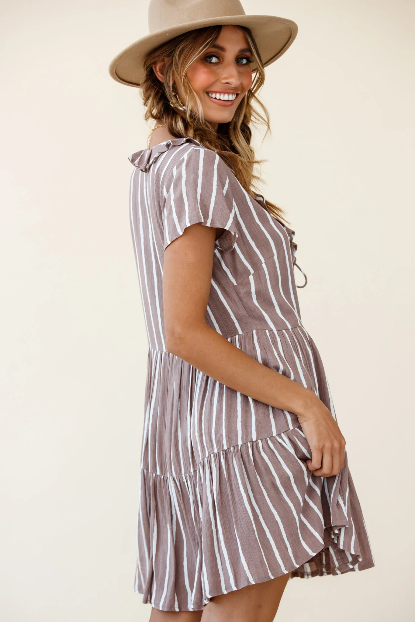 Silverlake Short Sleeve Loose Fit Dress Stripe Print Mocha - Seraphlike