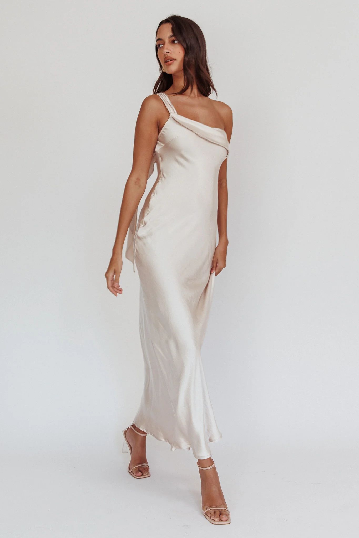 Carmel One-Shoulder Sash Maxi Dress Champagne - Seraphlike