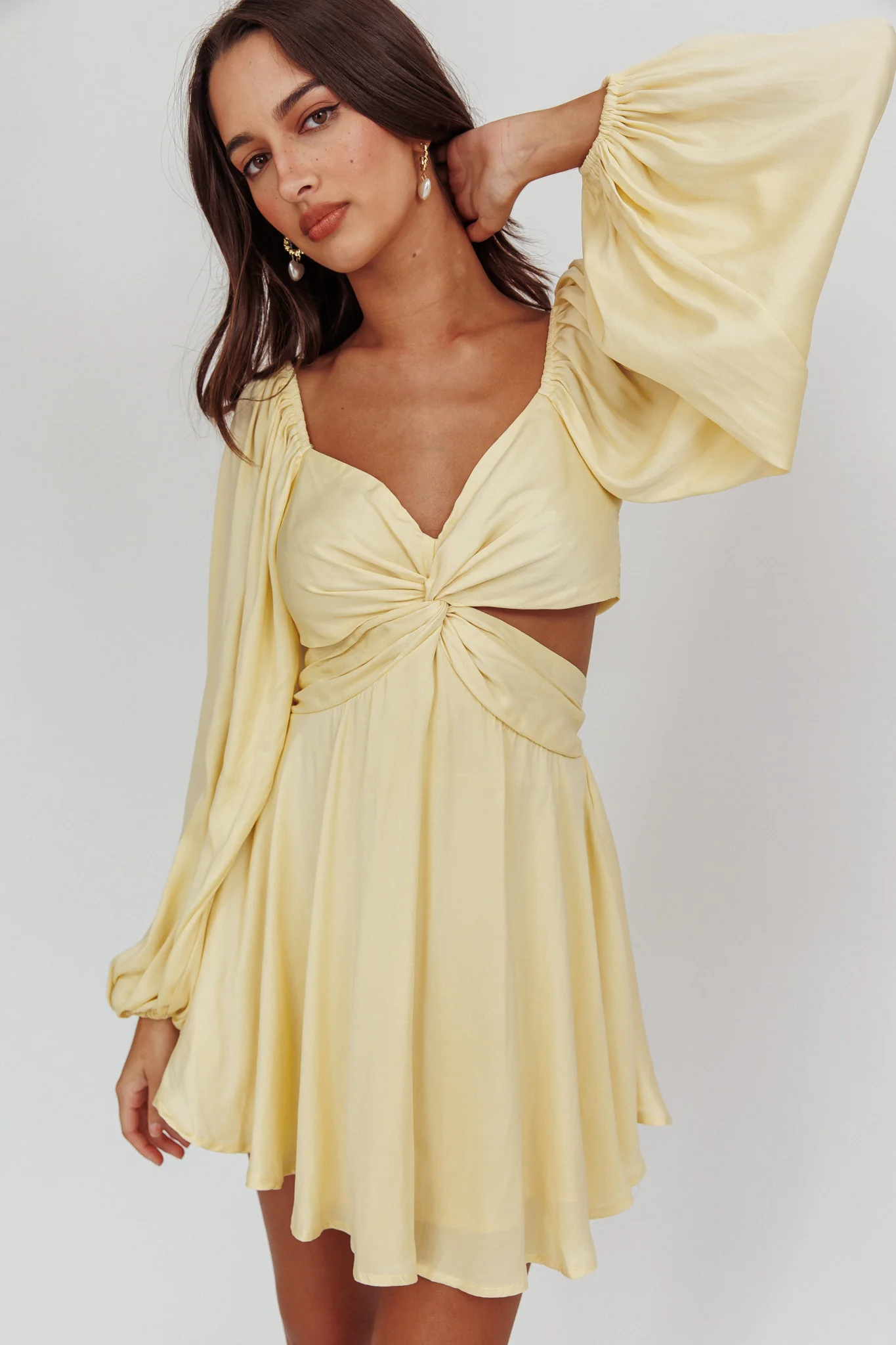 Miraya Balloon Sleeve Twist Mini Dress Butter - Seraphlike