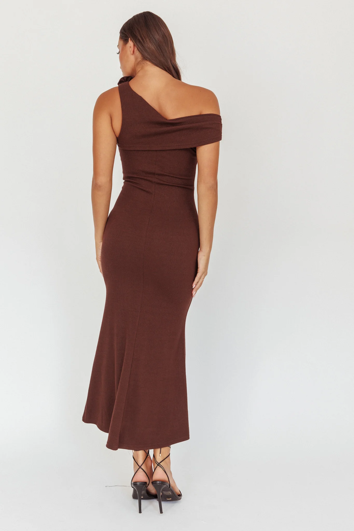 Mazon One-Shoulder Knit Maxi Dress Chocolate - Seraphlike