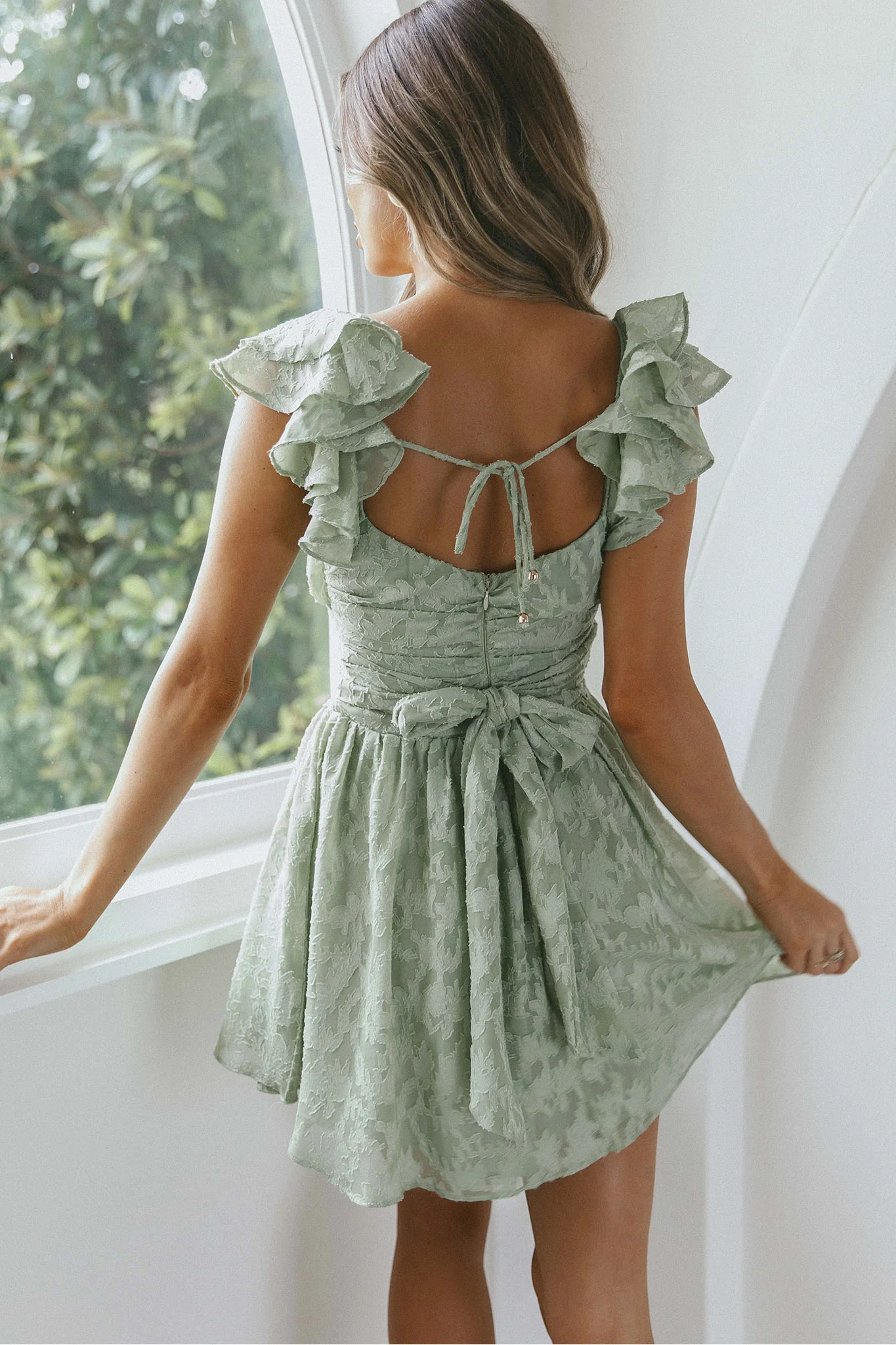 Lola Ruffle Shoulder Ruched Dress Textured Avocado - Seraphlike