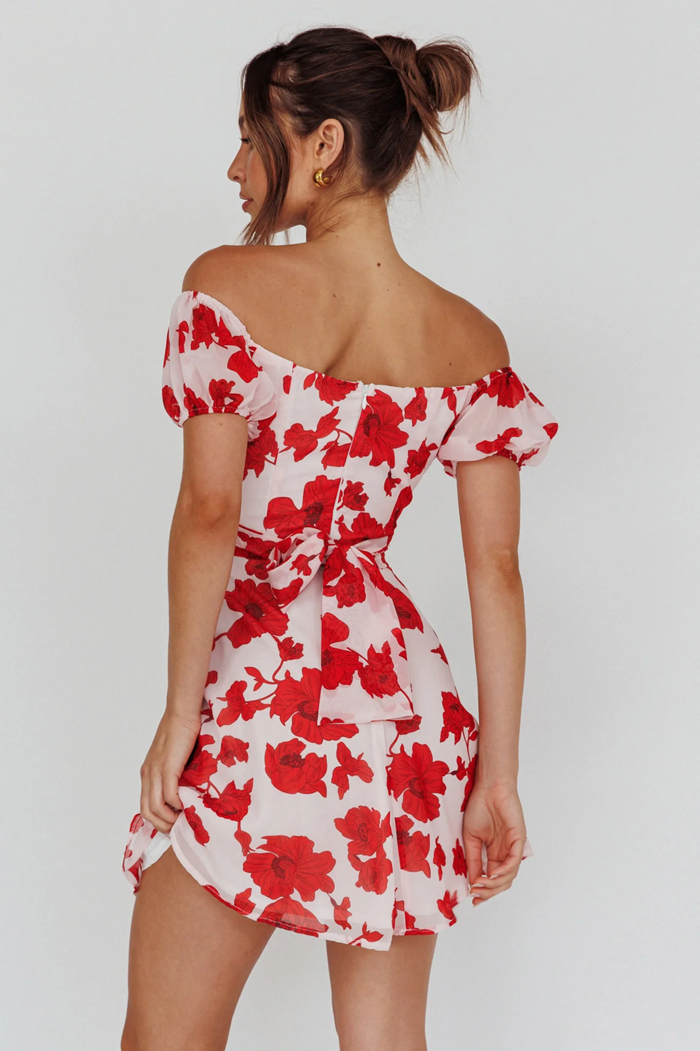 Linka Puff Sleeve Waist Tie Dress Floral Red - Seraphlike