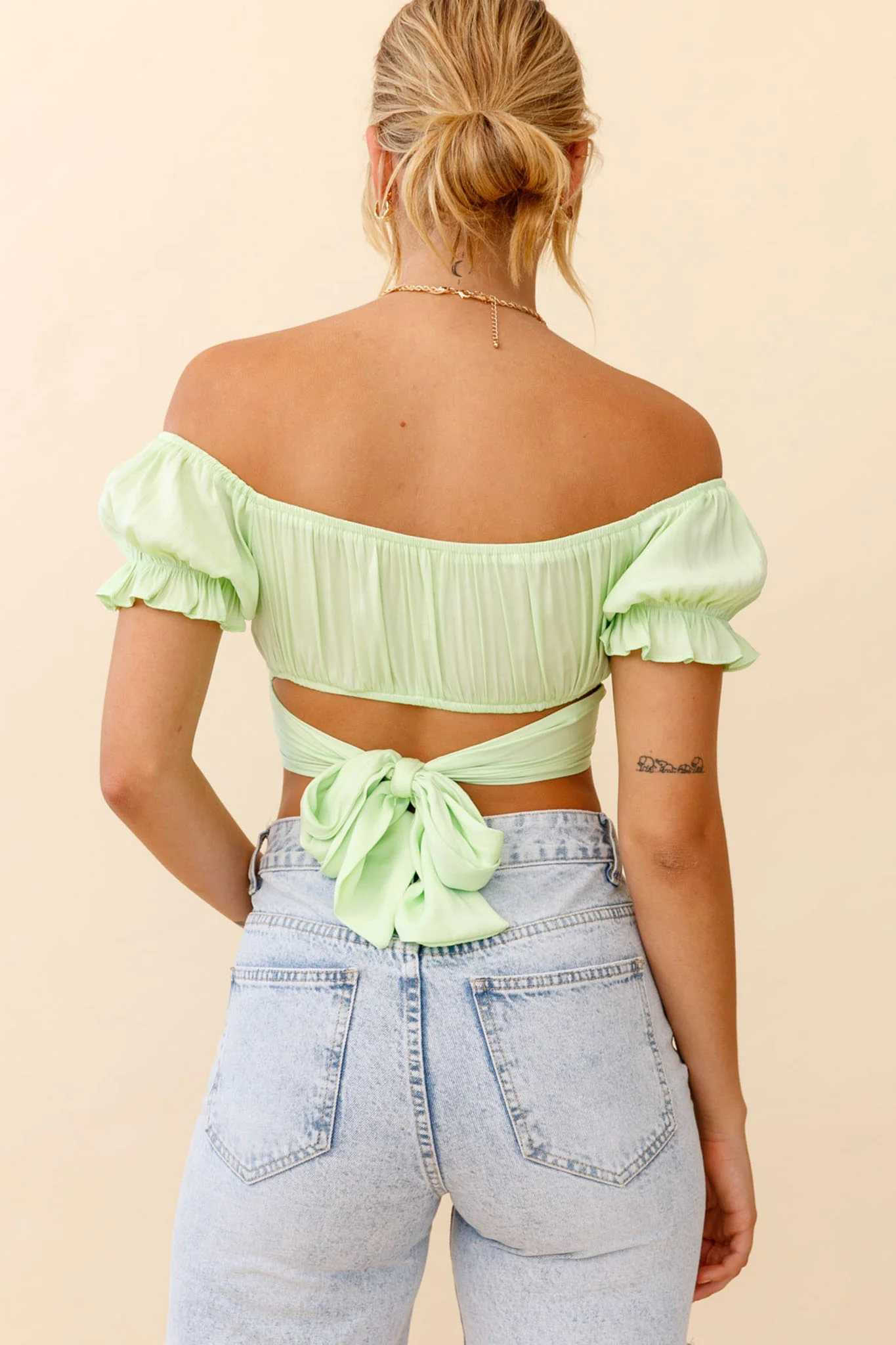 Linka Off-Shoulder Tie-Back Crop Top Apple - Seraphlike