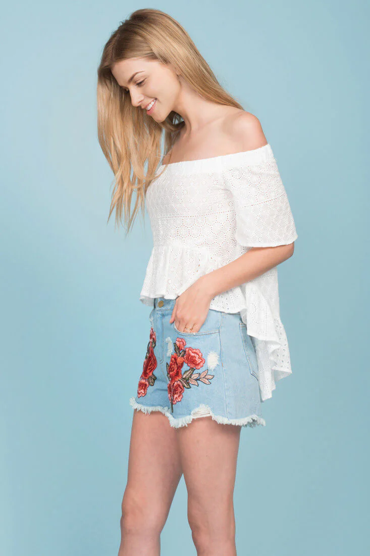 Brenna Fringe Floral Jean Shorts Blue Denim - Seraphlike