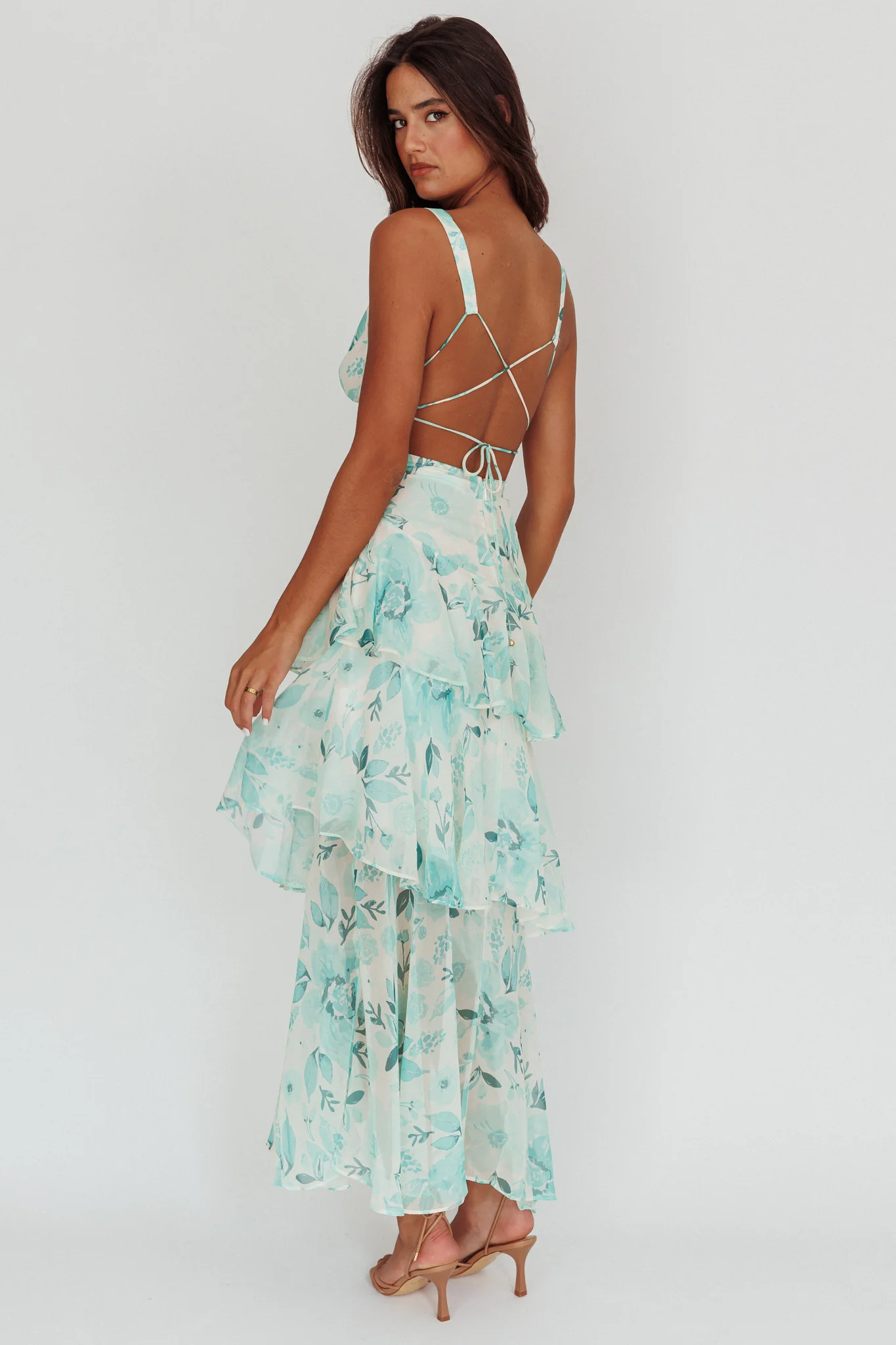 Veda Strappy Back Ruffle Maxi Dress Floral Green - Seraphlike