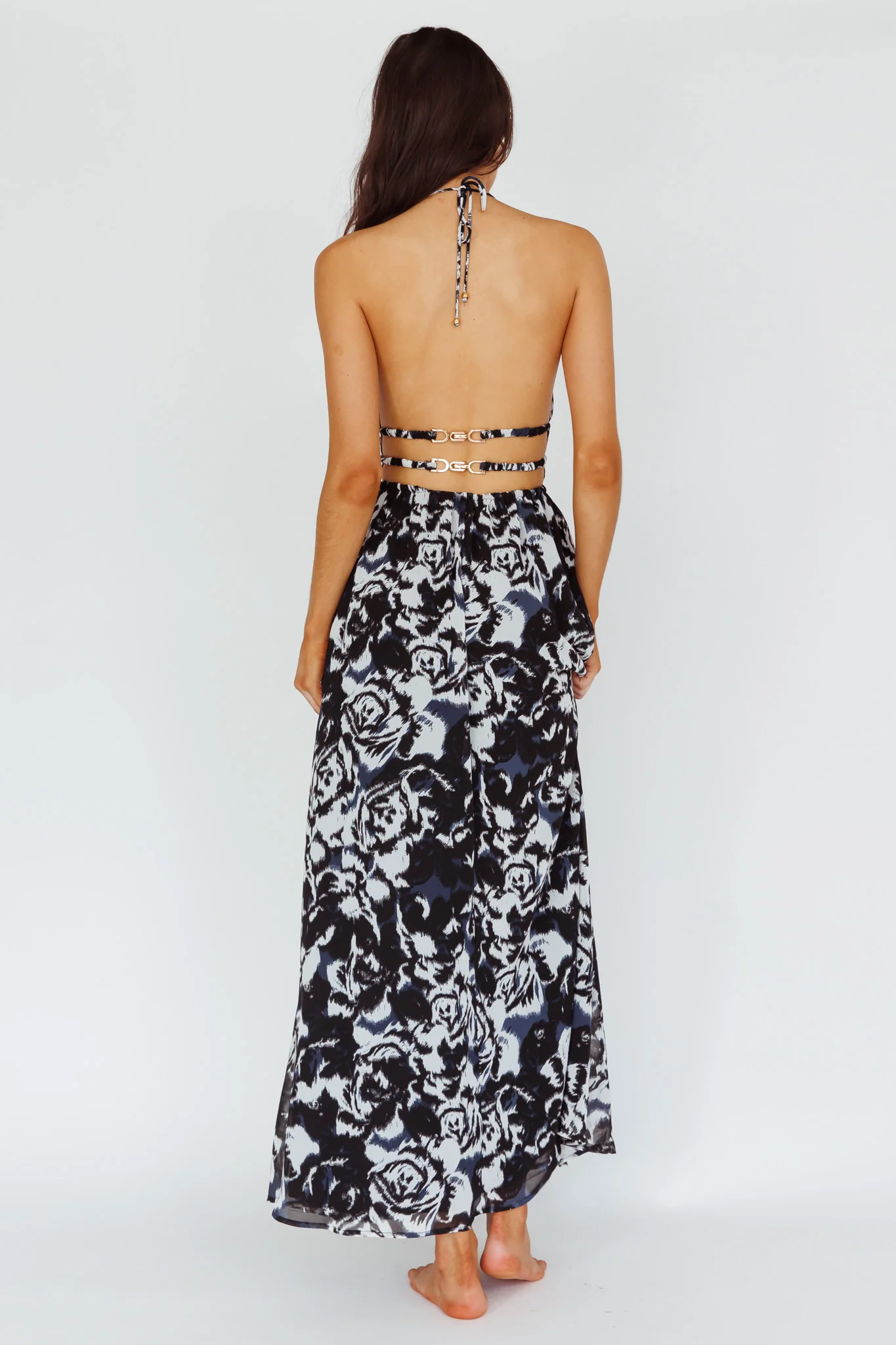 Cyndi Open Back Halterneck Maxi Dress Floral Black - Seraphlike