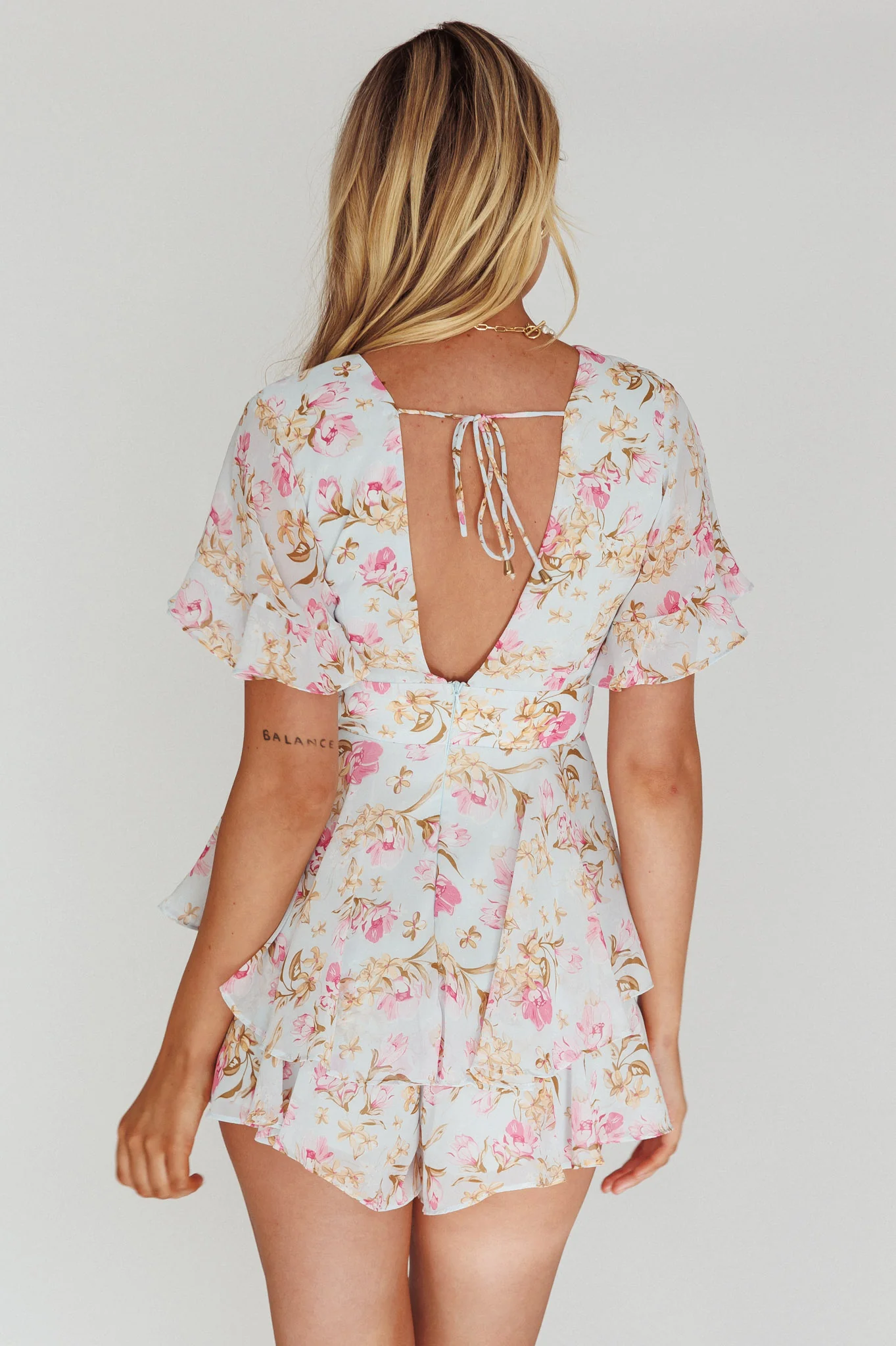 Golden Light Pintuck Pleat Romper Floral Blue - Seraphlike