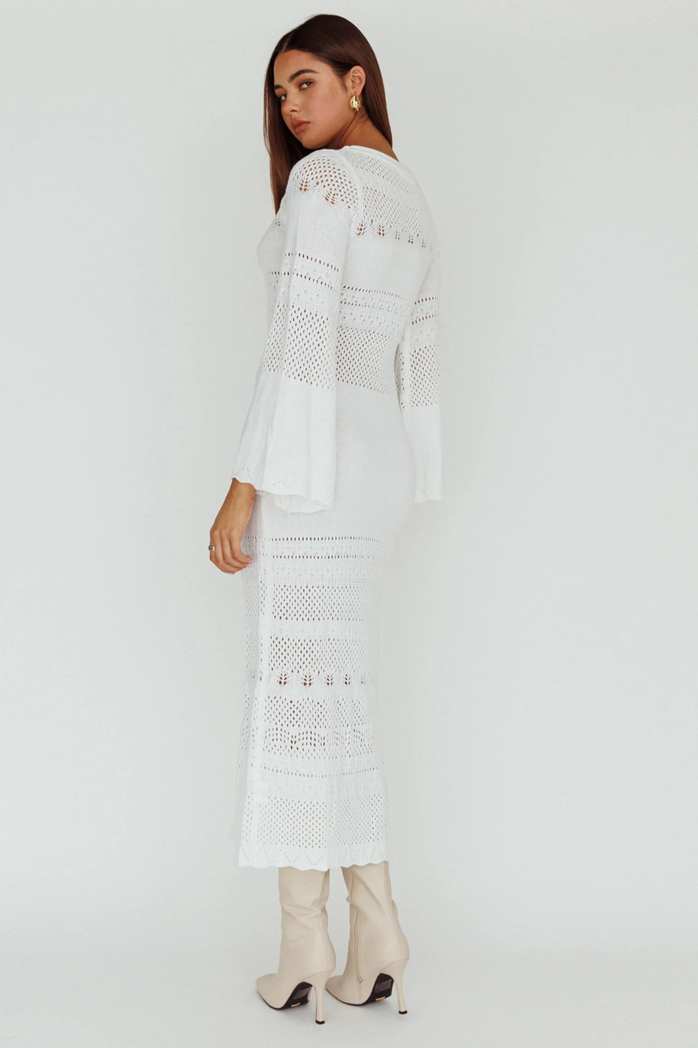 Gail Long Sleeve Crochet Maxi Dress White - Seraphlike
