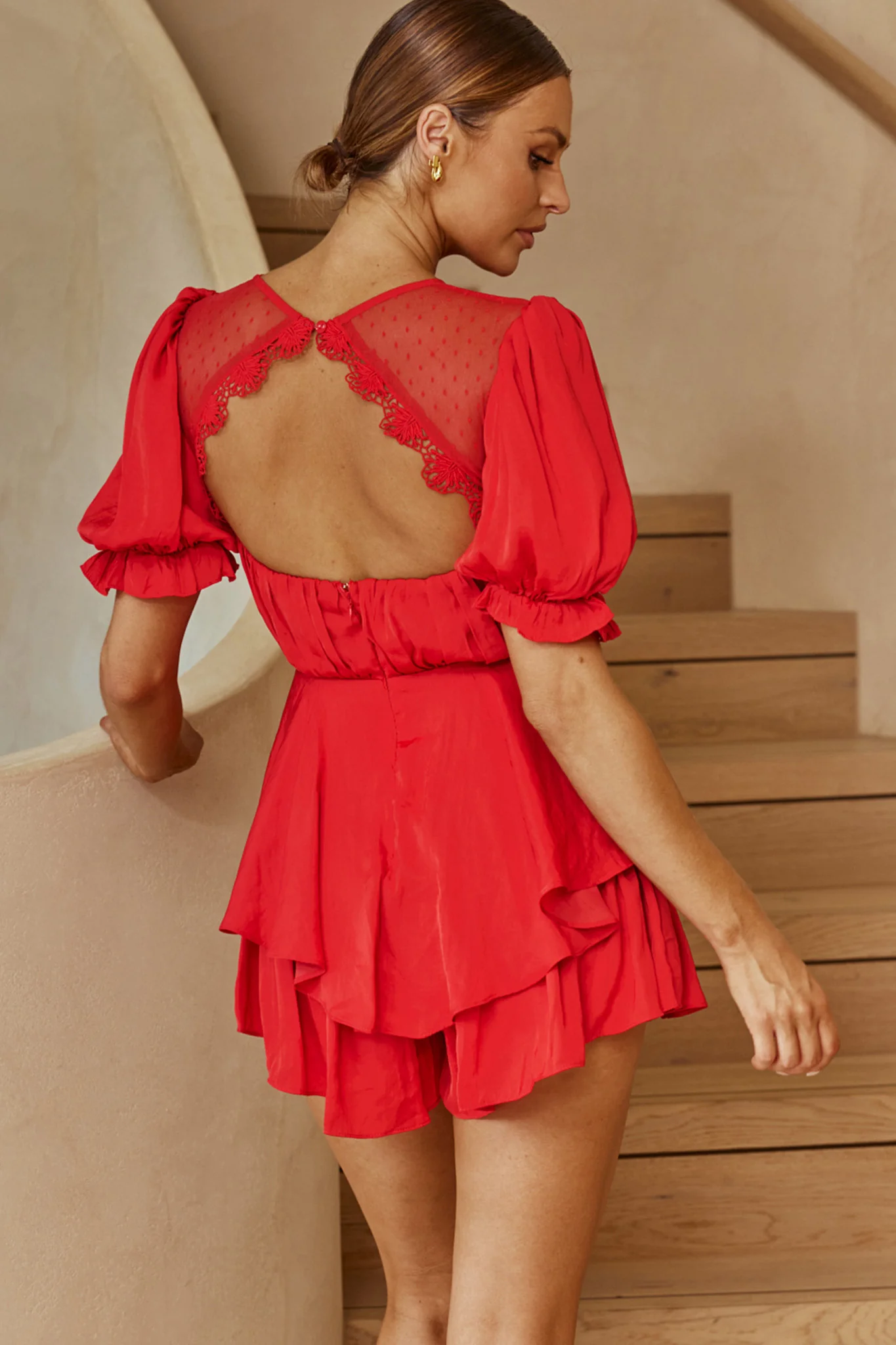 L'amour Lace Mesh Bust Puff Sleeve Romper Red - Seraphlike