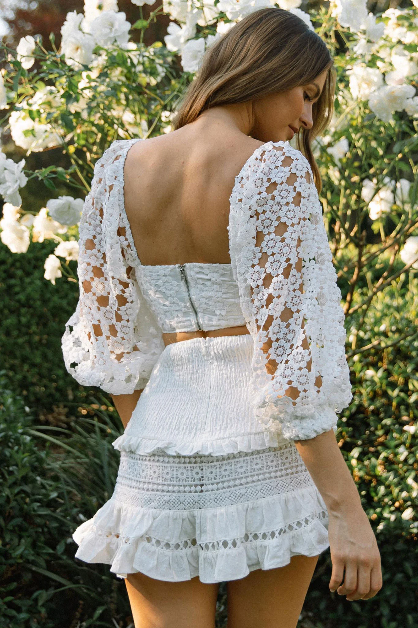 Summer Bloom Balloon Sleeve Lace Overlay Crop Top White - Seraphlike