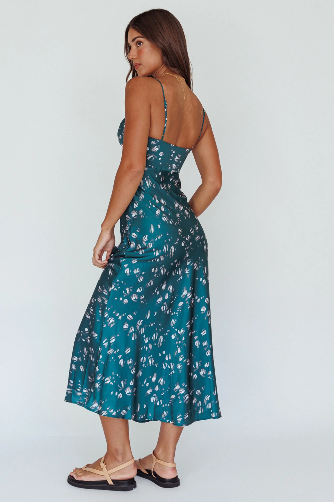 Missoula Cami Strap Padded Bust Midi Dress Printed Green - Seraphlike